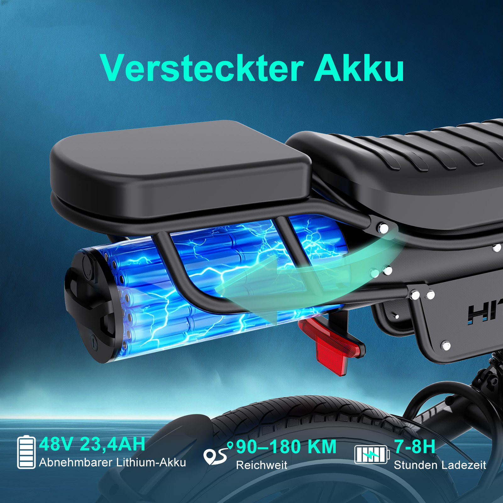 Ein E-Bike zeigt einen versteckten Akku mit Spezifikationen: 48V, 23,4AH, 90-180 km Reichweite und 7-8 Stunden Ladezeit.