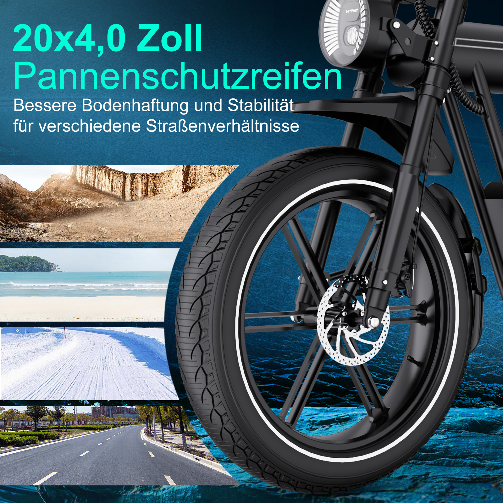 Schwarzer Elektrofahrradreifen mit weißem Streifen. Szenen verschiedener Terrains (Sand, Schnee, Straße) zeigen seine Vielseitigkeit.