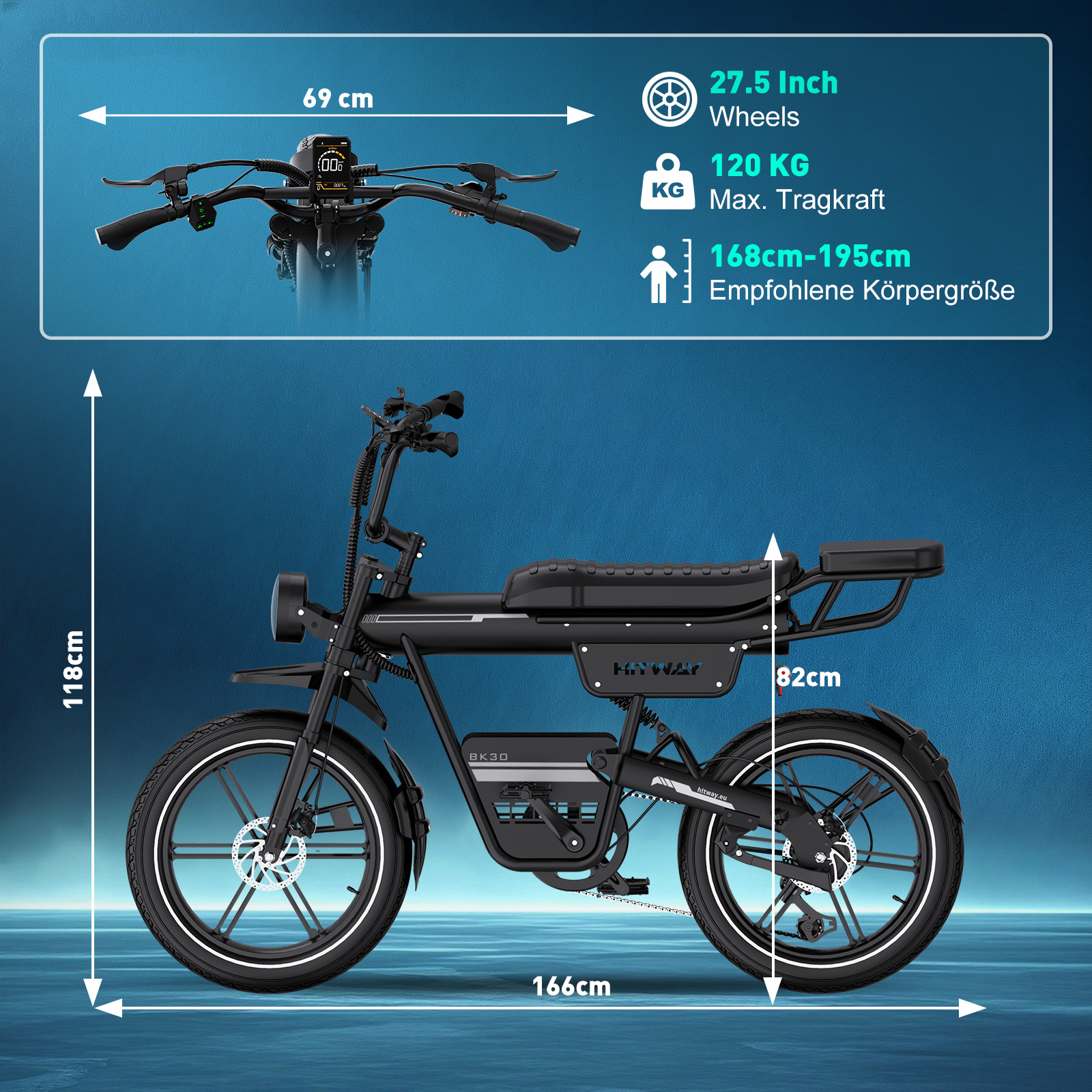 Ein schwarzes HITWAY BK30 E-Bike mit angezeigten Abmessungen. Spezifikationen umfassen Radgröße, Gewicht und Körpergröße.