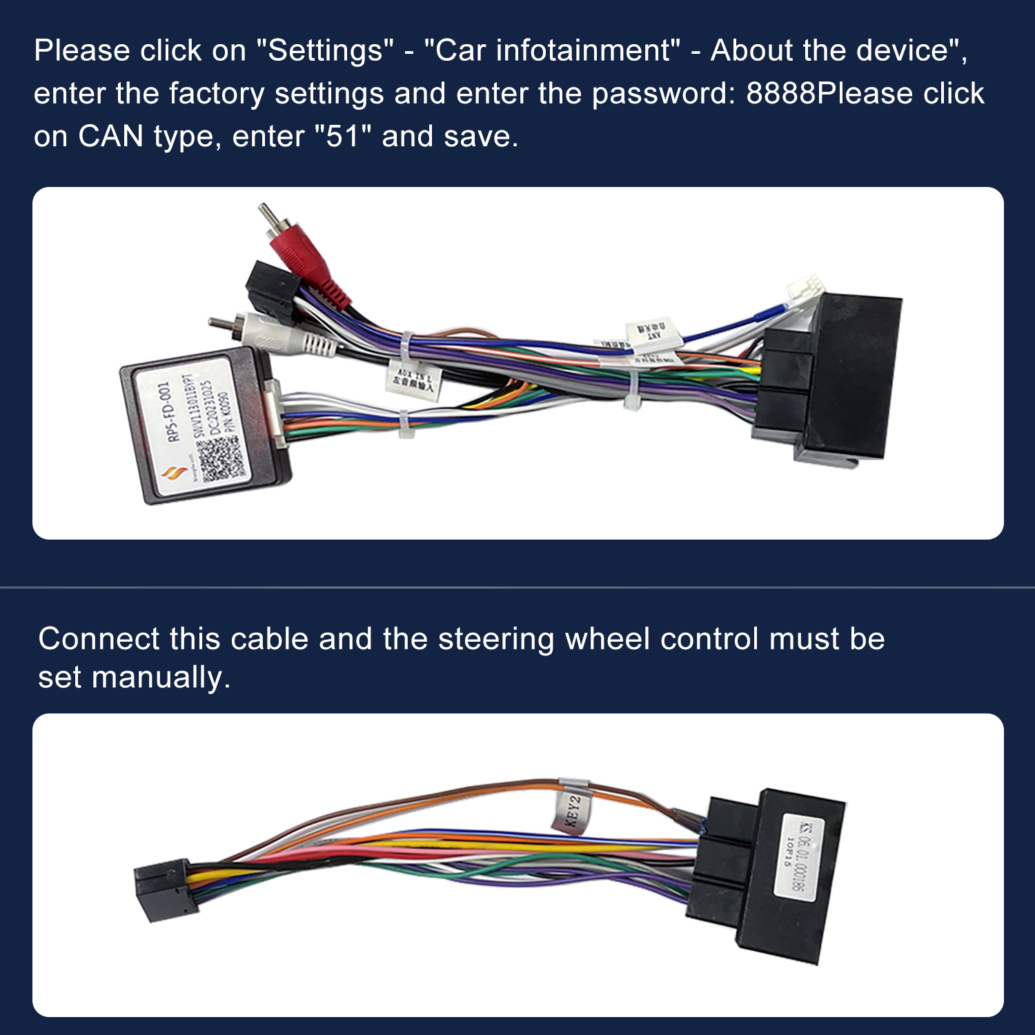La imagen muestra cables con conectores, etiquetas e instrucciones de texto para la configuración y los ajustes del sistema de infoentretenimiento del coche.