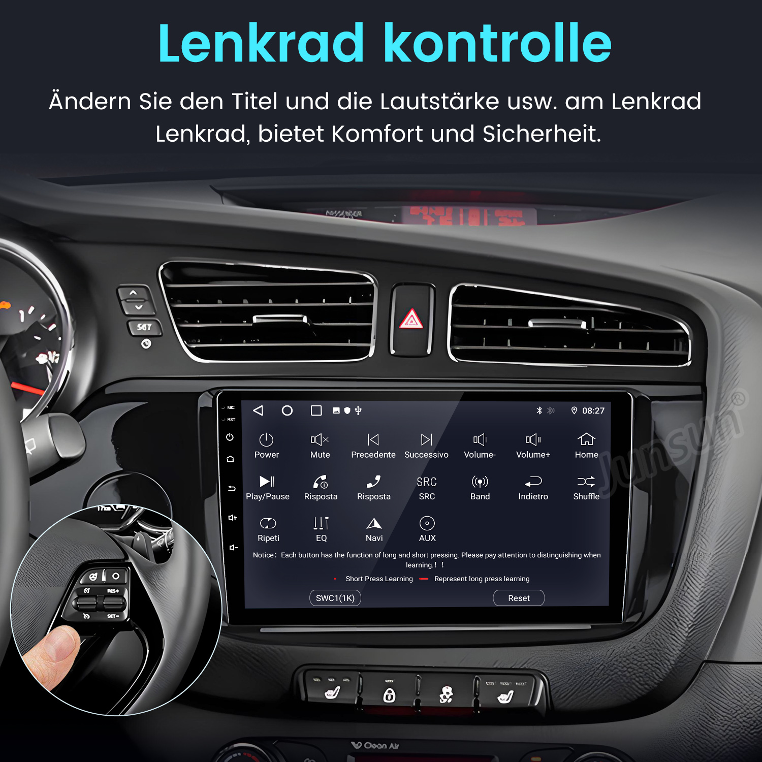 Autointerieur mit zentralem Bildschirm, Lenkradknöpfen und Armaturenbrettdetails.
