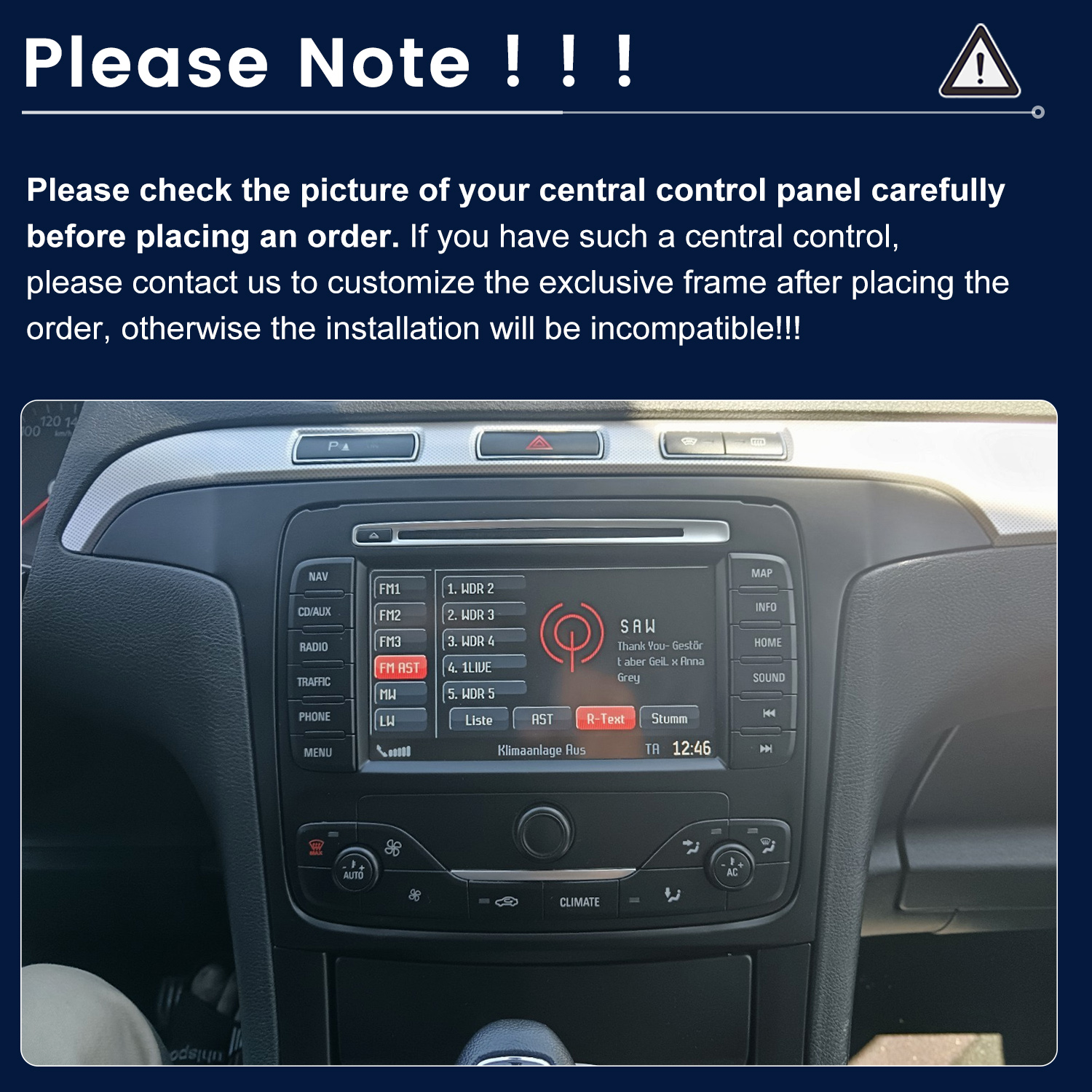 Panel del automóvil con pantalla de radio y botones de control climático. La pantalla muestra información de la estación de radio y la hora.