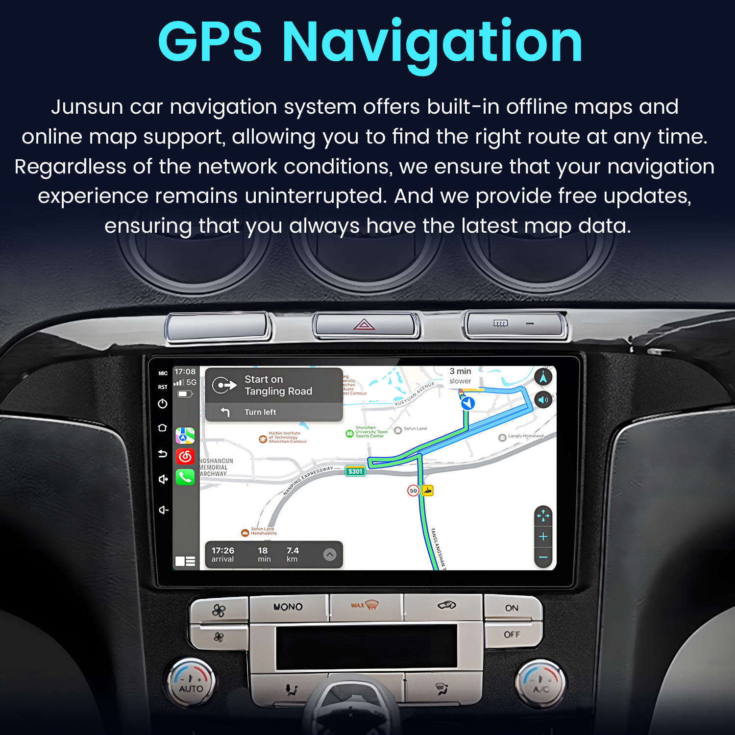 El salpicadero de un coche muestra una pantalla de navegación GPS con un mapa de ruta y botones de control debajo.