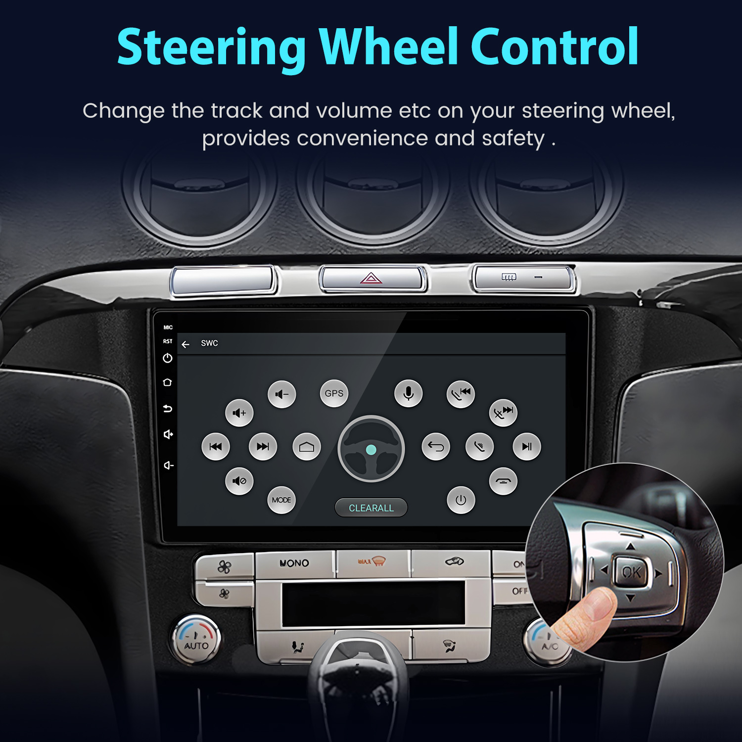 Panel del coche con pantalla multimedia con controles del volante y mano pulsando un botón del volante.