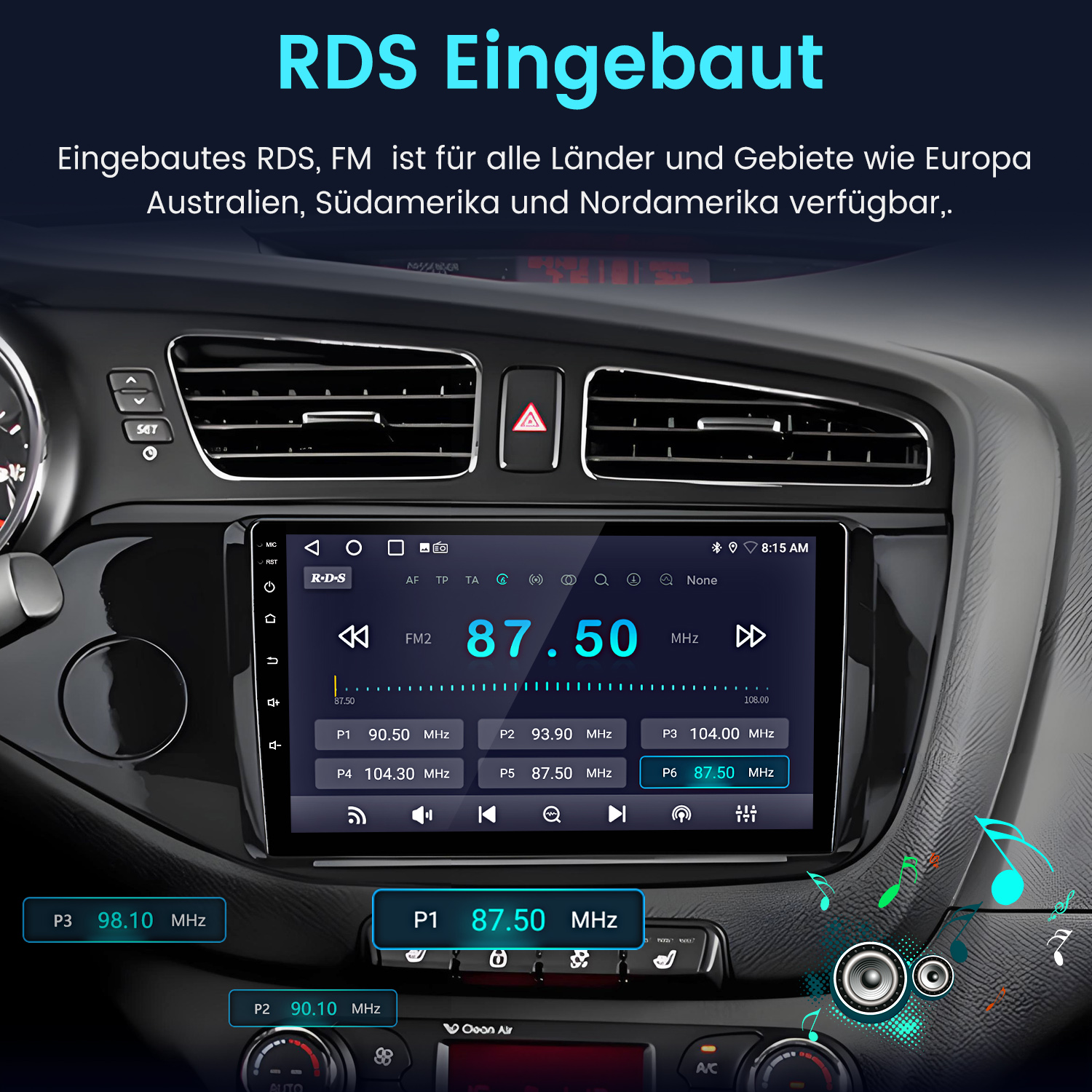 Autoradio-Bildschirm mit der UKW-Frequenz 87,50 MHz. Der Bildschirm befindet sich in einem Armaturenbrett.