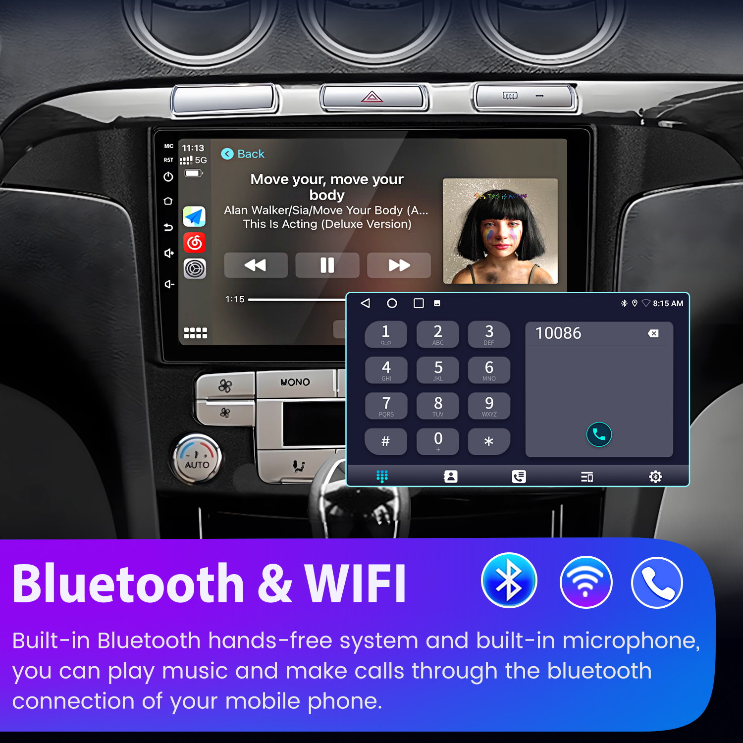 Panel del auto mostrando una interfaz de reproductor de música y un marcador. La pantalla muestra información de la canción y un teclado.