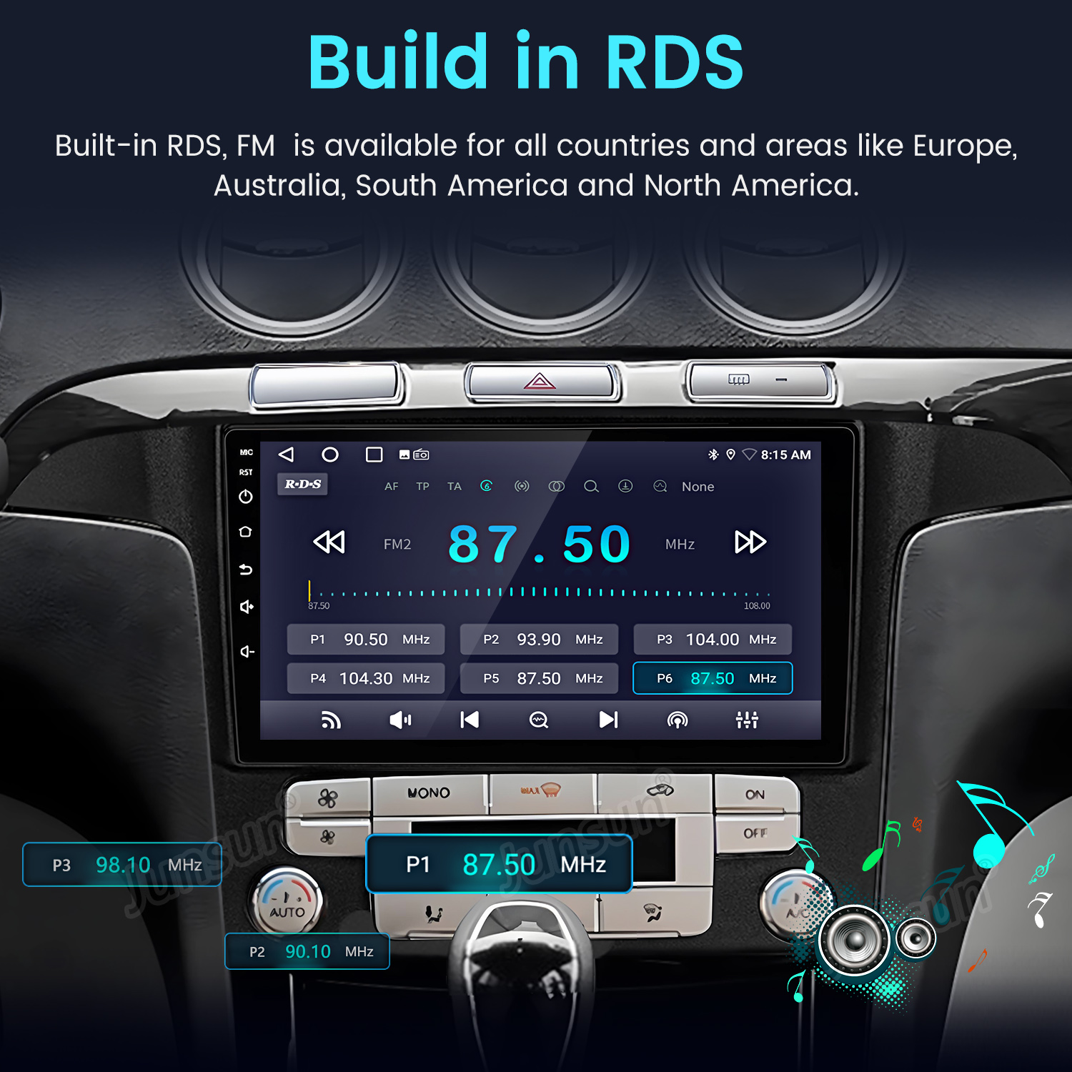 Una pantalla de radio de coche muestra la frecuencia FM. Los botones inferiores controlan el audio. Texto superior: 'Build in RDS'.