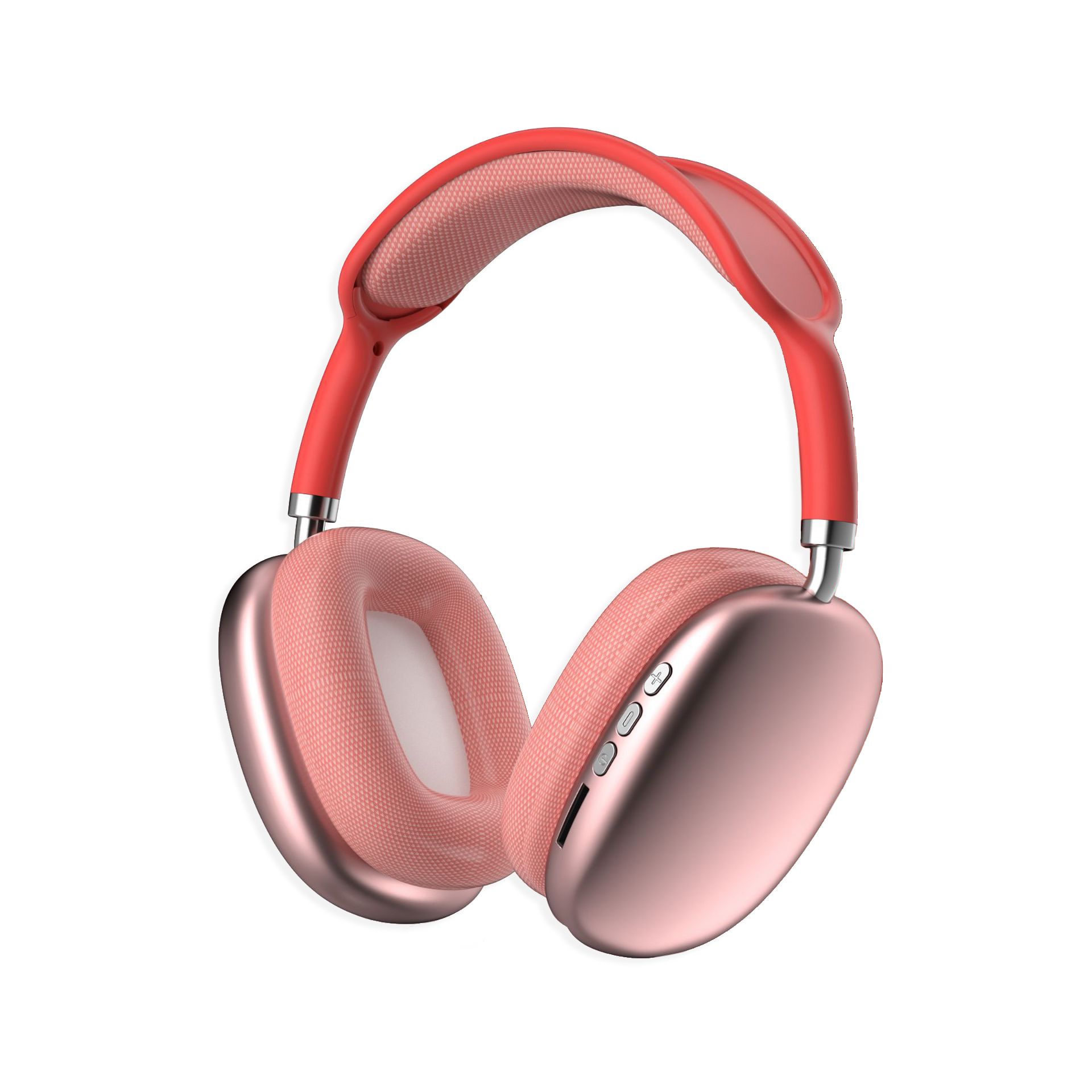Cuffie color oro rosa con fascia rossa su bianco. I padiglioni sono ovali, con pulsanti. La fascia è imbottita.