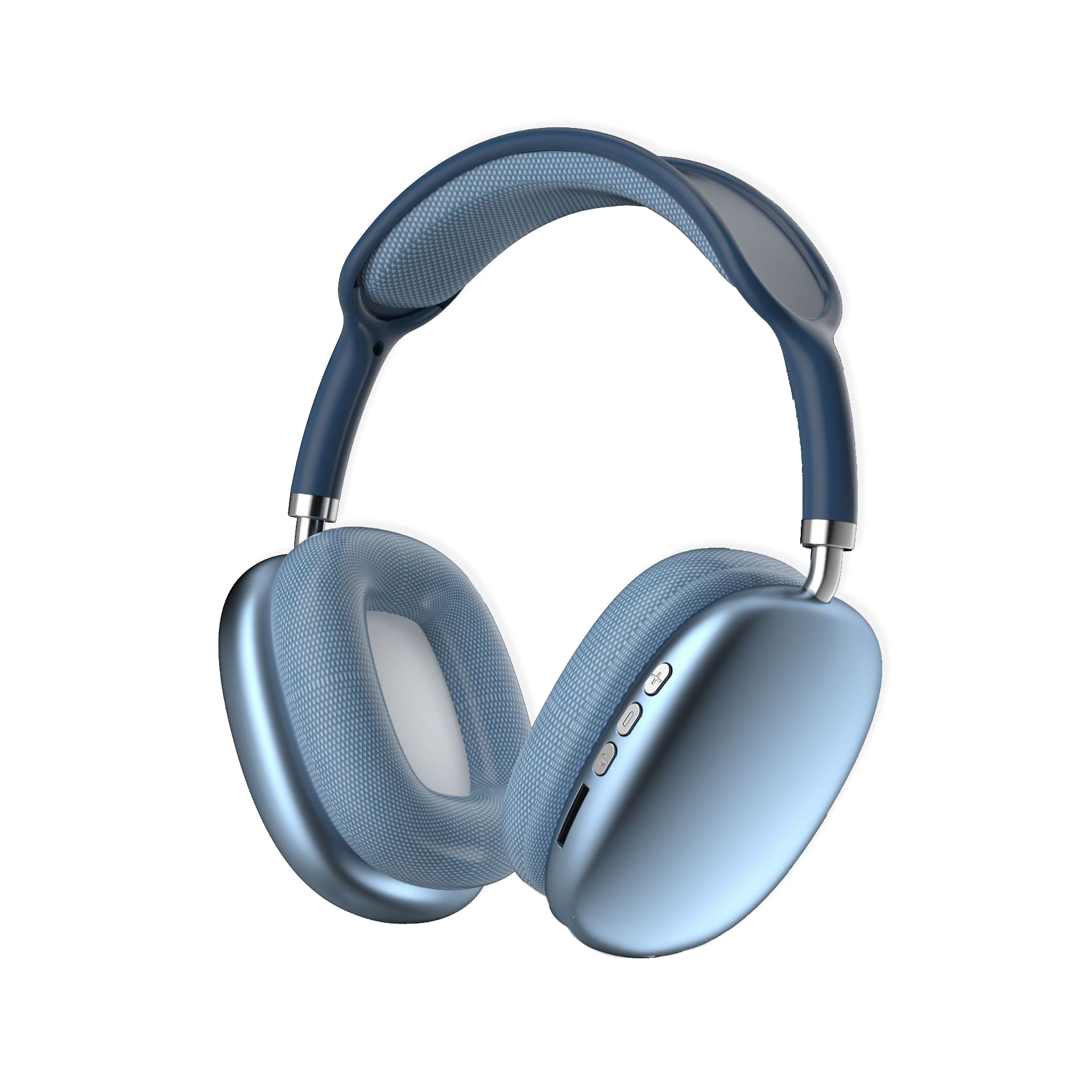 Un paio di cuffie blu over-ear. Hanno una fascia e padiglioni blu, con dettagli argentati. Lo sfondo è bianco.