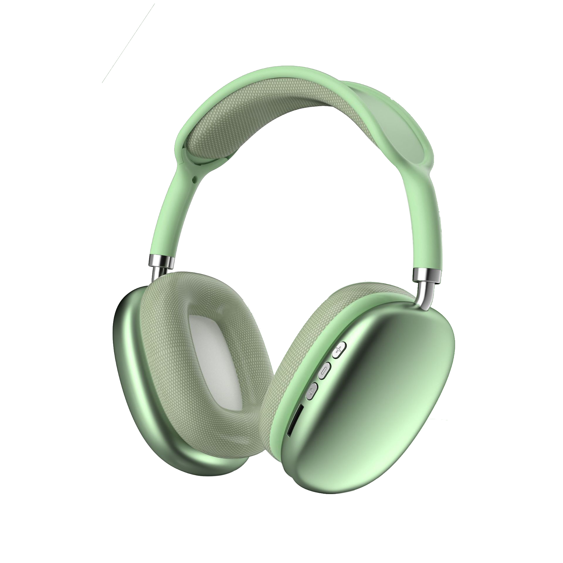 Cuffie verdi con dettagli argentati. I padiglioni auricolari e l'archetto sono imbottiti. I pulsanti sono visibili sul padiglione destro.