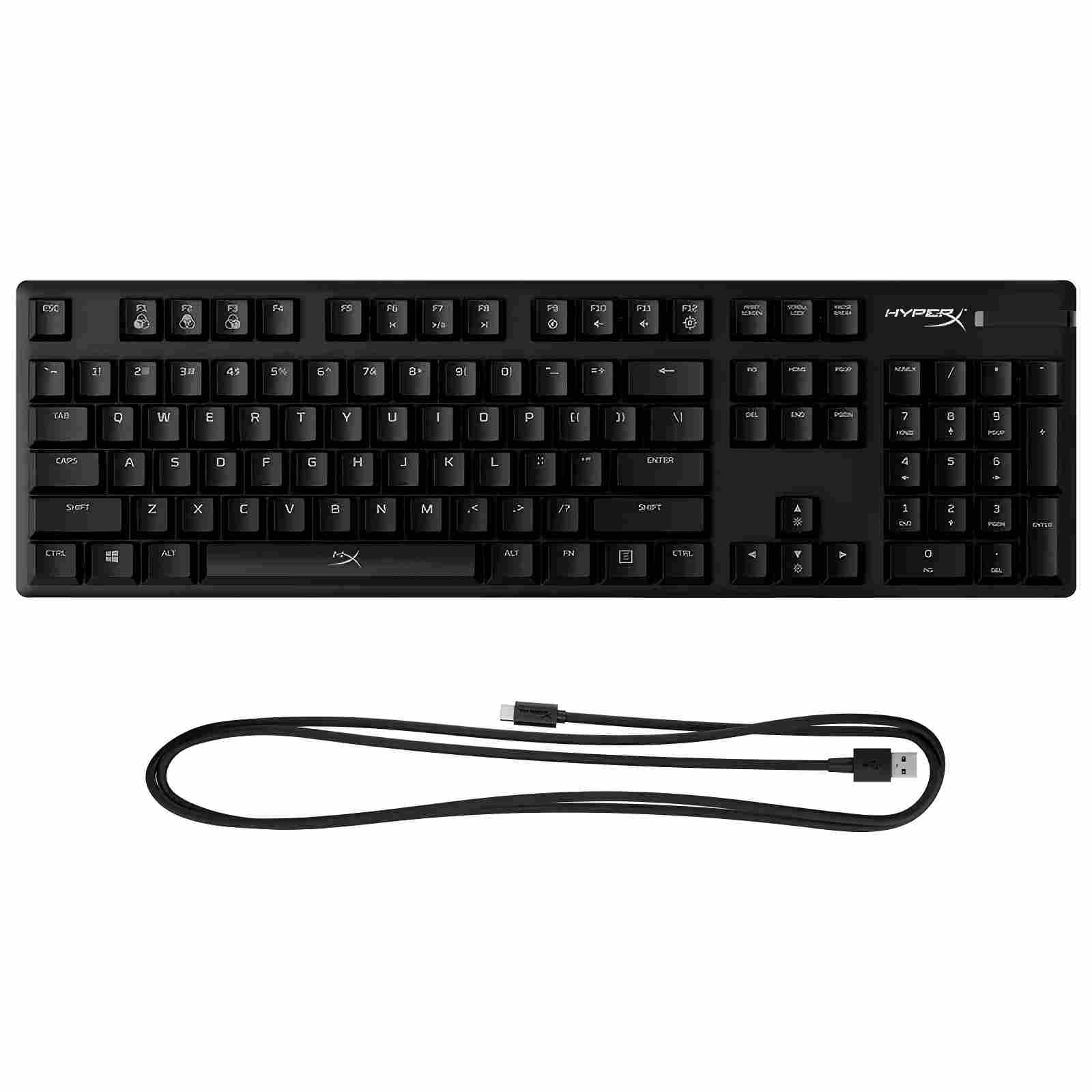 Tastiera nera con lettere bianche e cavo USB nero, su sfondo bianco.