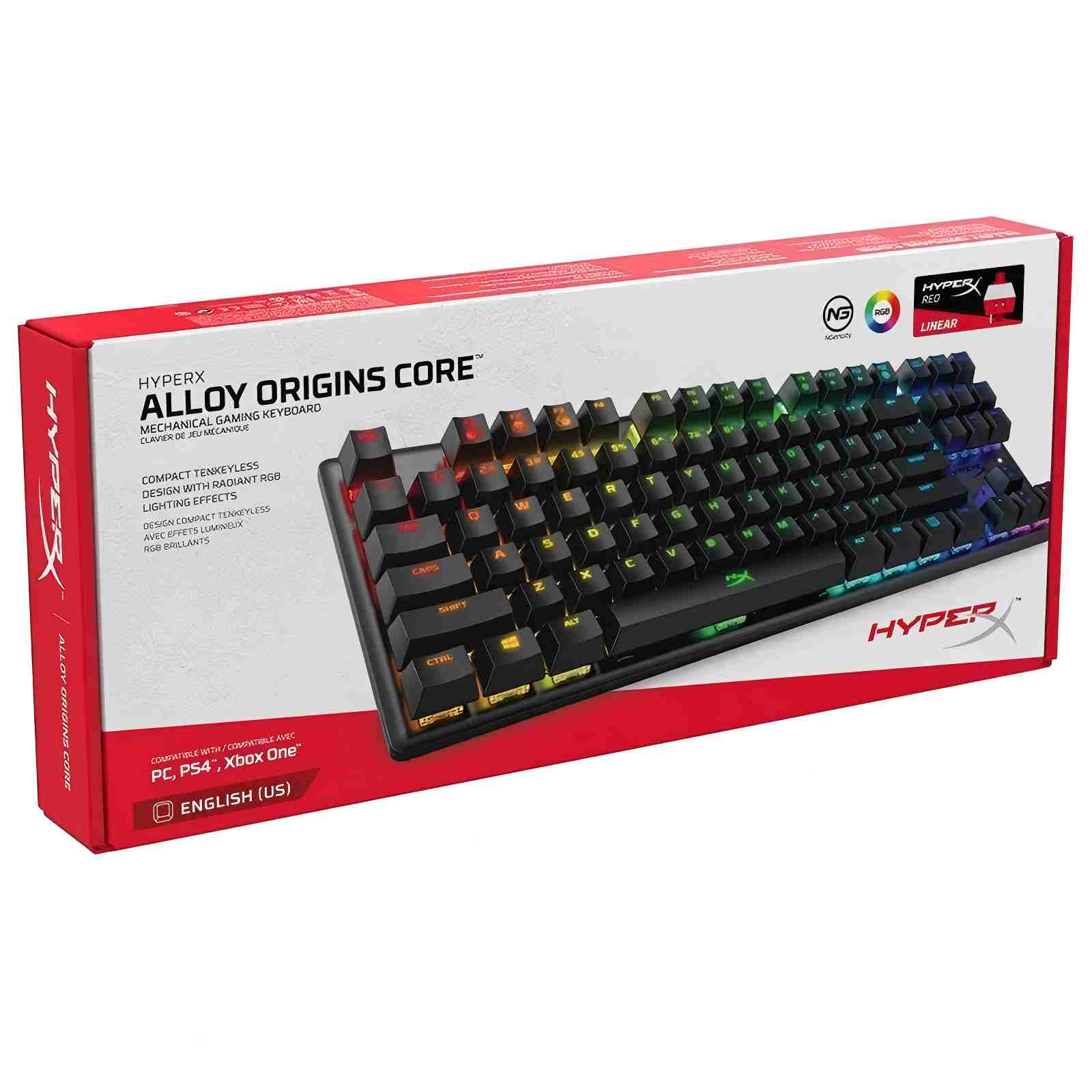 Una scatola per tastiera che mostra una tastiera nera con luci colorate. La scatola dice HyperX Alloy Origins Core.