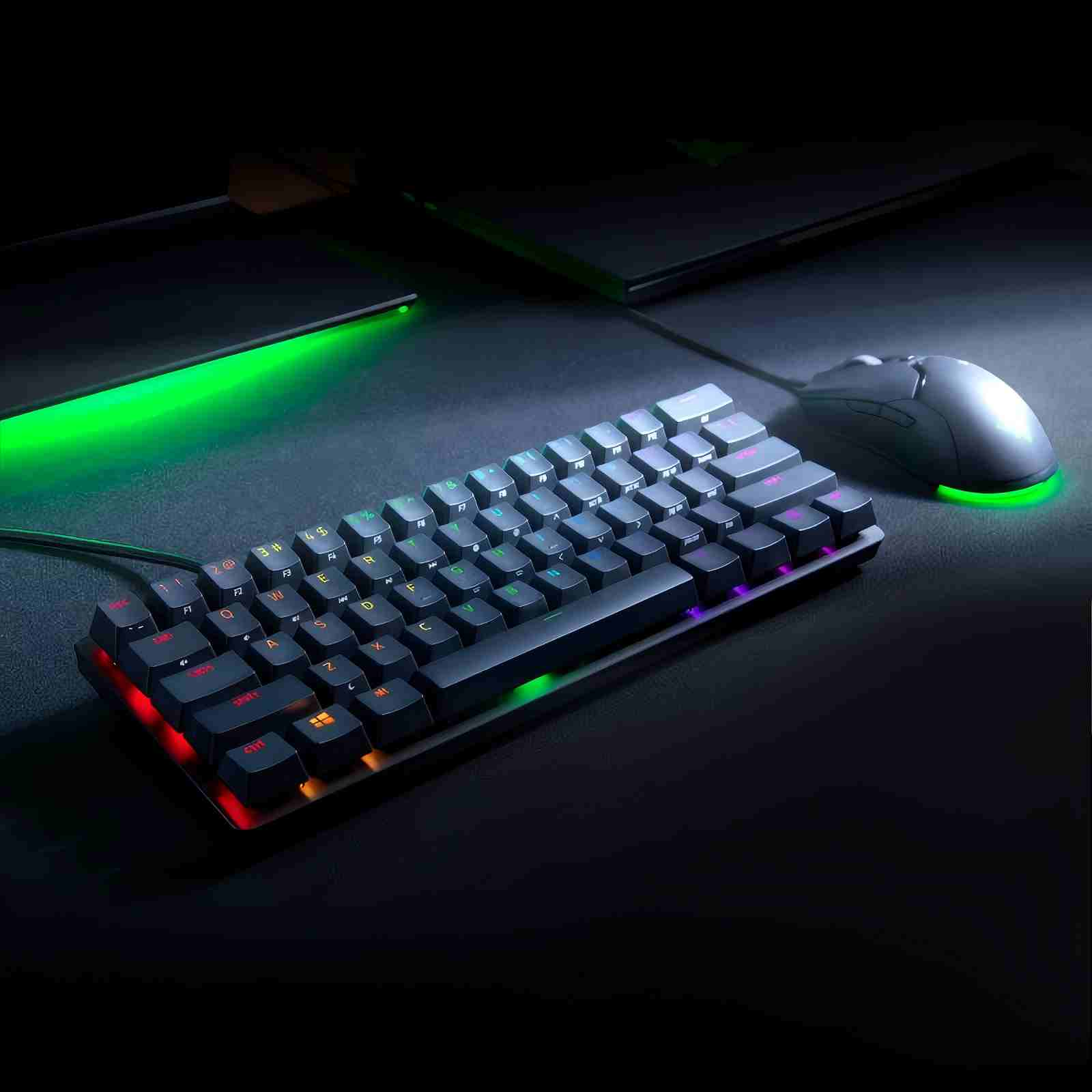 Una tastiera nera con tasti colorati e un mouse abbinato con illuminazione verde su una superficie scura.