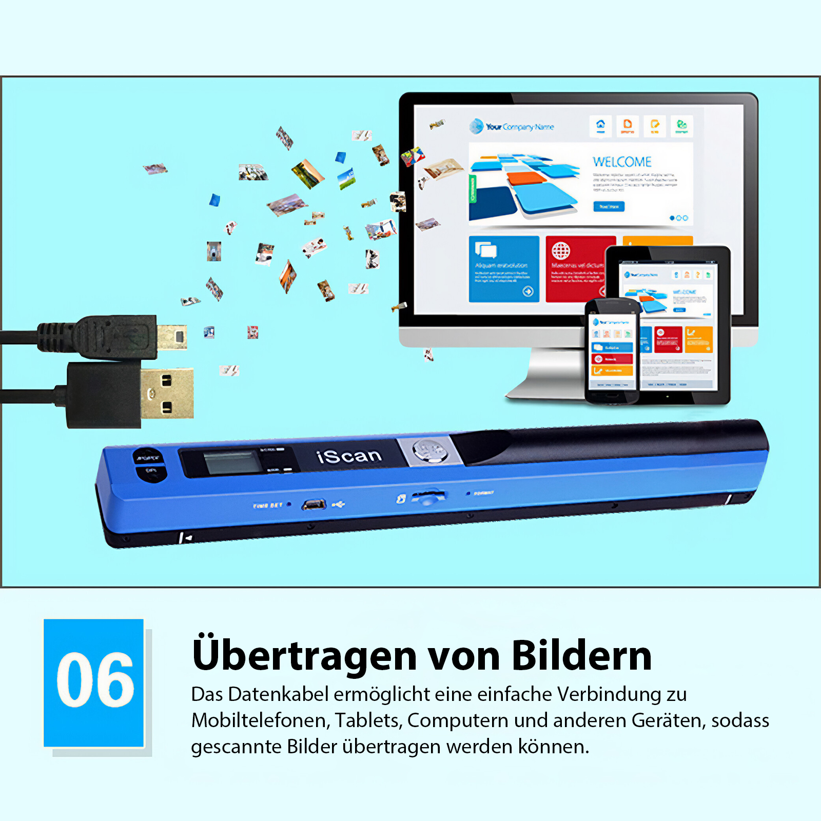 Ein blauer iScan-Scanner, ein Computermonitor und ein Tablet werden angezeigt. Fotos scheinen vom Scanner übertragen zu werden.