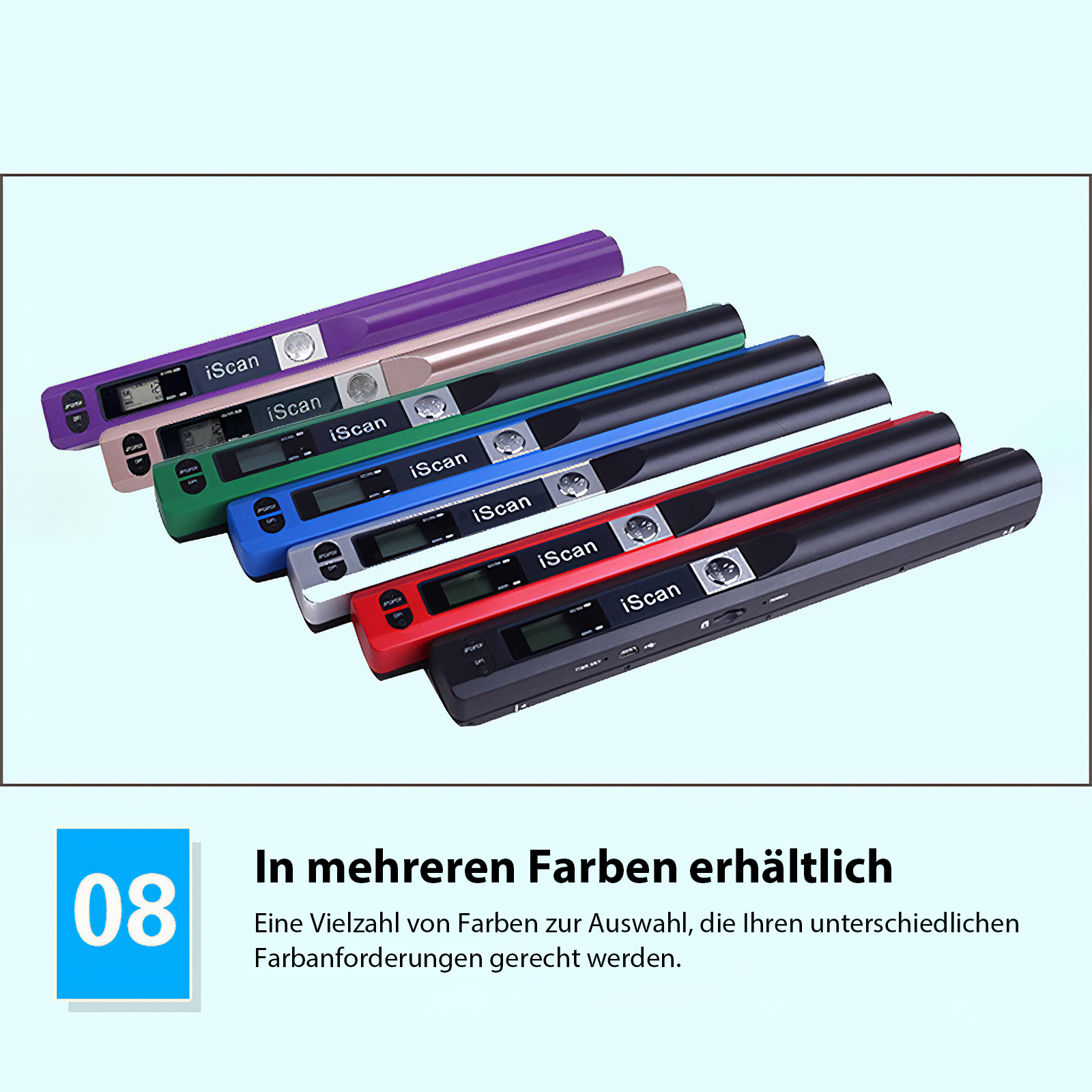 Das Bild zeigt verschiedene farbige iScan-Scanner: lila, gold, grün, blau, rot und schwarz. Sie sind schräg dargestellt.