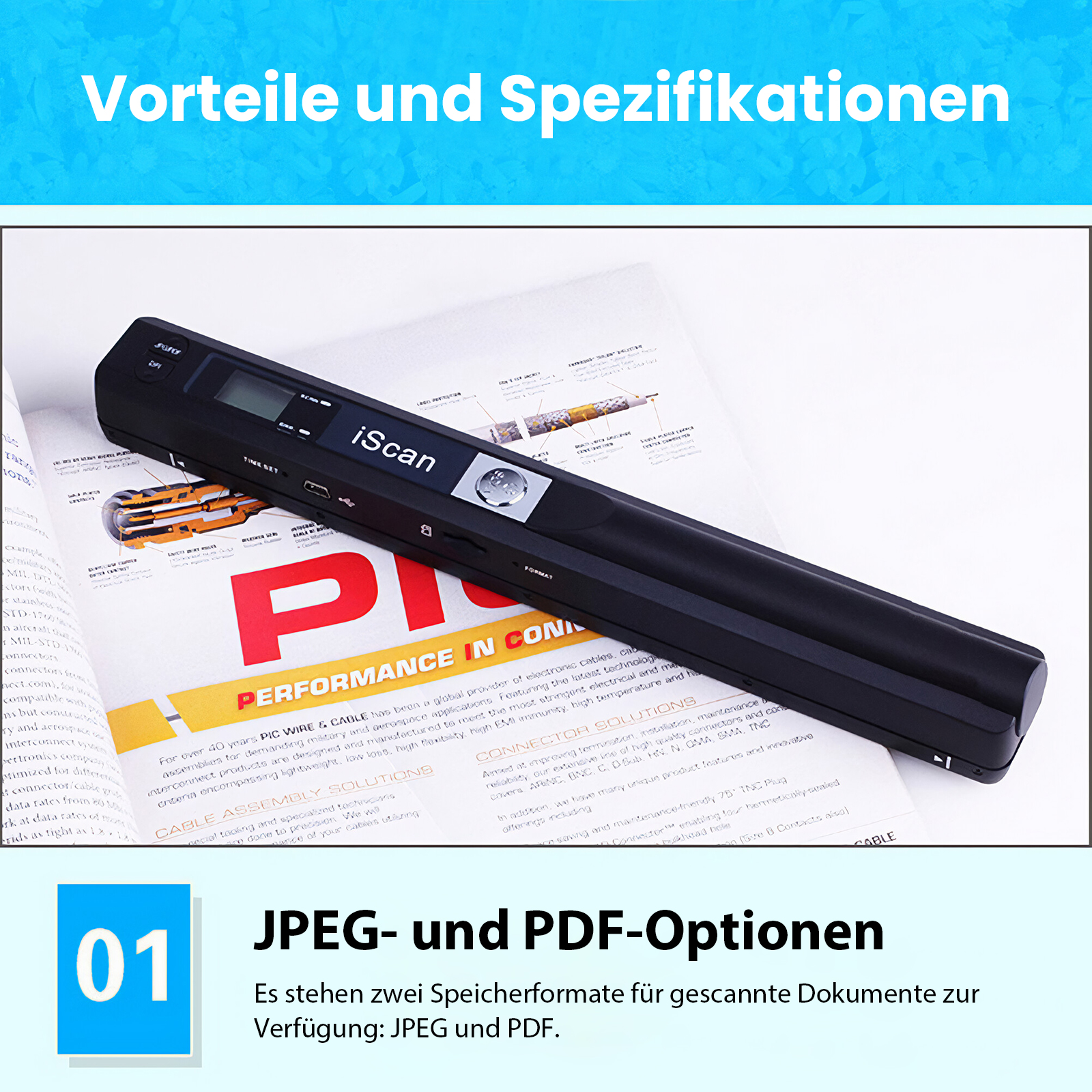 Ein schwarzer Scanner liegt auf Papier mit Text. Das Bild enthält blauen und roten Text mit den Wörtern 'JPEG' und 'PDF'.