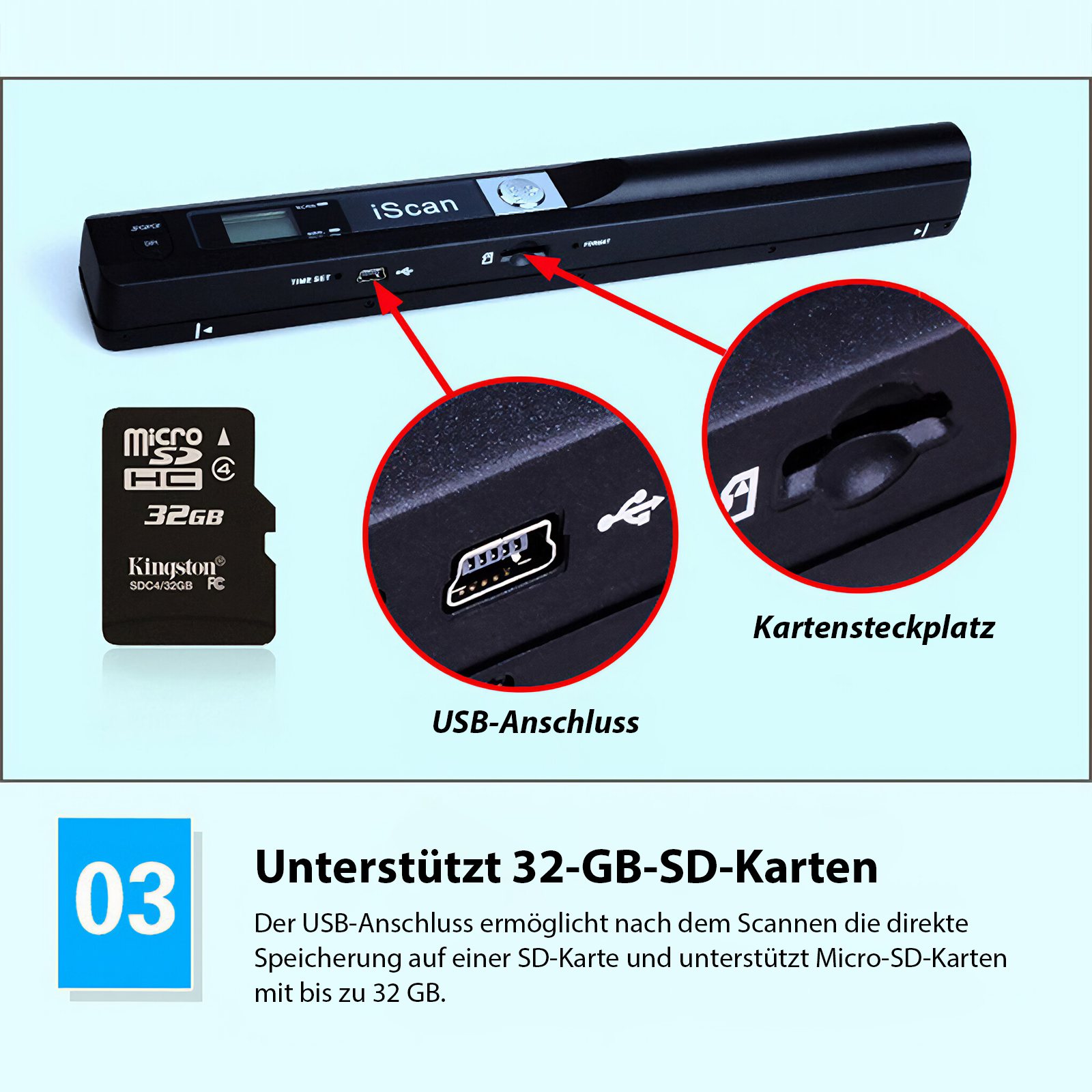 Schwarzer Scanner mit SD-Karte und USB-Anschlüssen. Kingston SD-Karte. Text: 32GB. Stütztext sichtbar.