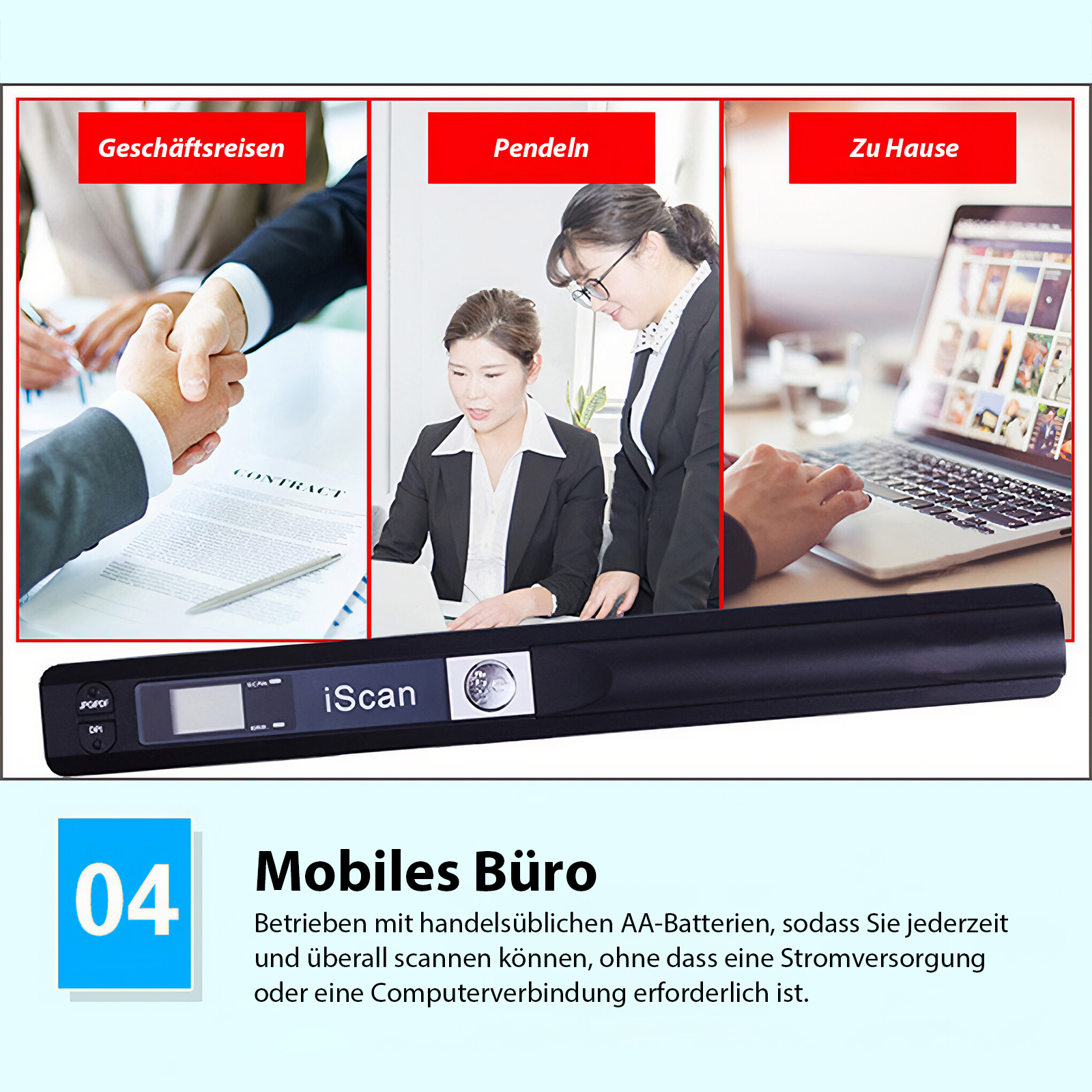 Das Bild zeigt Geschäftsleute, Pendler und eine Person, die einen Laptop benutzt. Unter den Bildern ist ein Scanner abgebildet.