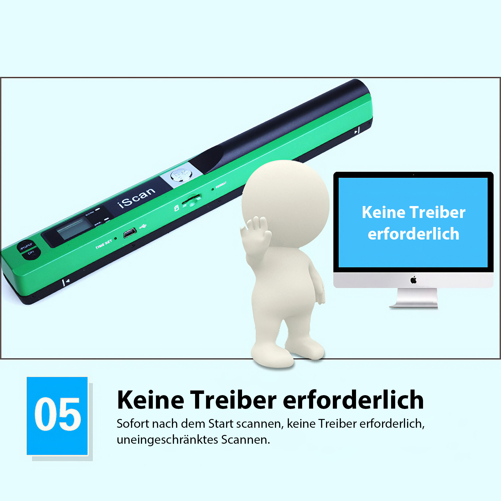 Ein grüner und schwarzer iScan-Scanner, eine 3D-Figur und ein Monitor mit Text auf blauem Hintergrund.