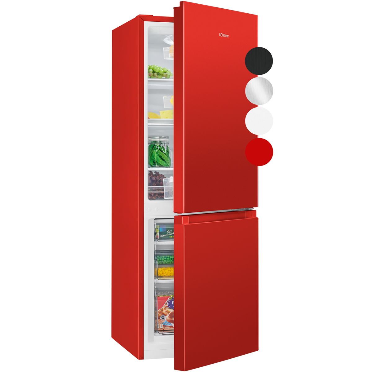 Un refrigerador rojo con puertas abiertas, que revela comestibles. Las opciones de color son negro, plateado, blanco y rojo. La marca es Bomann.
