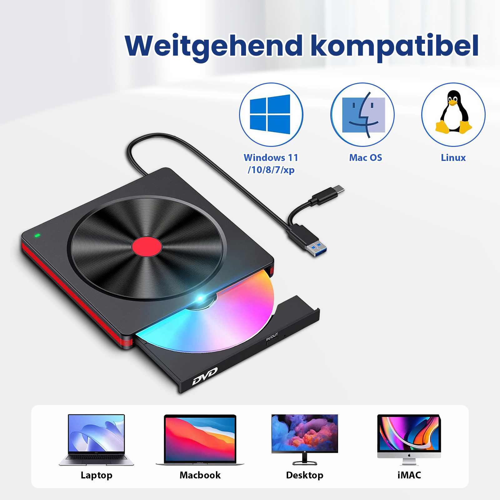 Schwarzes externes DVD-Laufwerk mit Disc, kompatibel mit Windows, Mac und Linux sowie verschiedenen Geräten.
