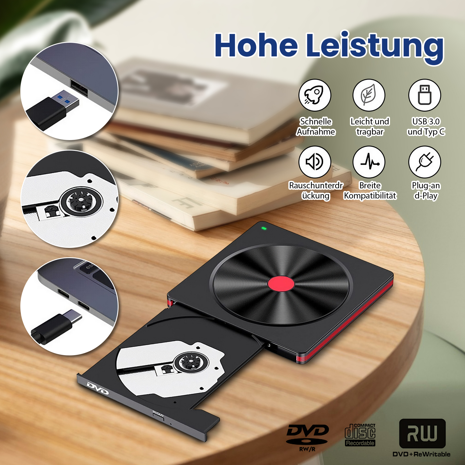 Schwarzes DVD-Laufwerk mit offenem Fach, USB- und Typ-C-Anschlüssen und Symbolen für Funktionen auf Holzoberfläche.