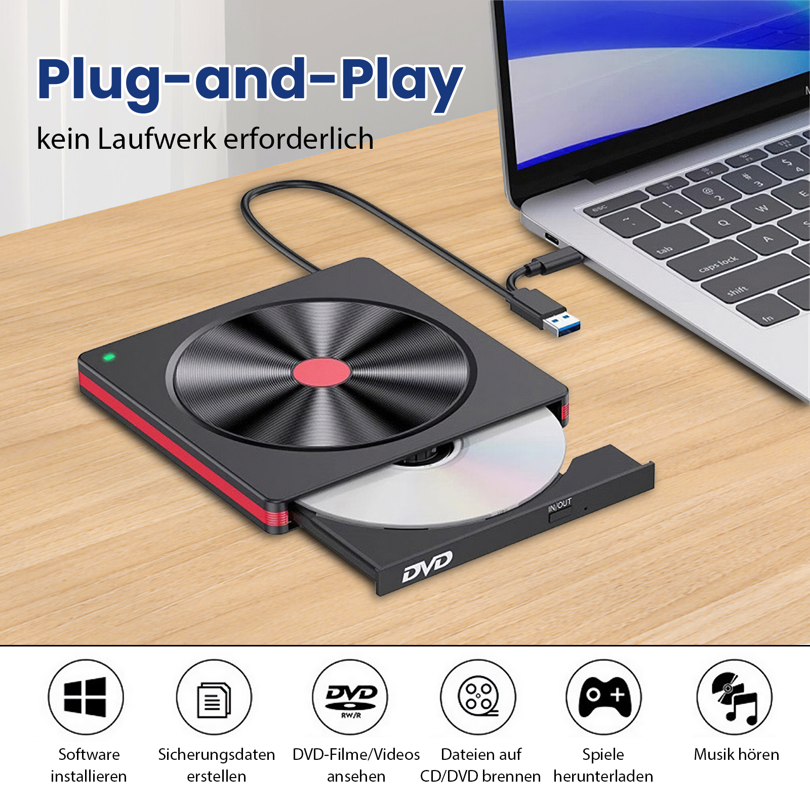 Schwarzes DVD-Laufwerk, an Laptop angeschlossen. Eine DVD ist im Tray. Icons zeigen Software, Daten, Filme, Brennen, Spiele, Musik.