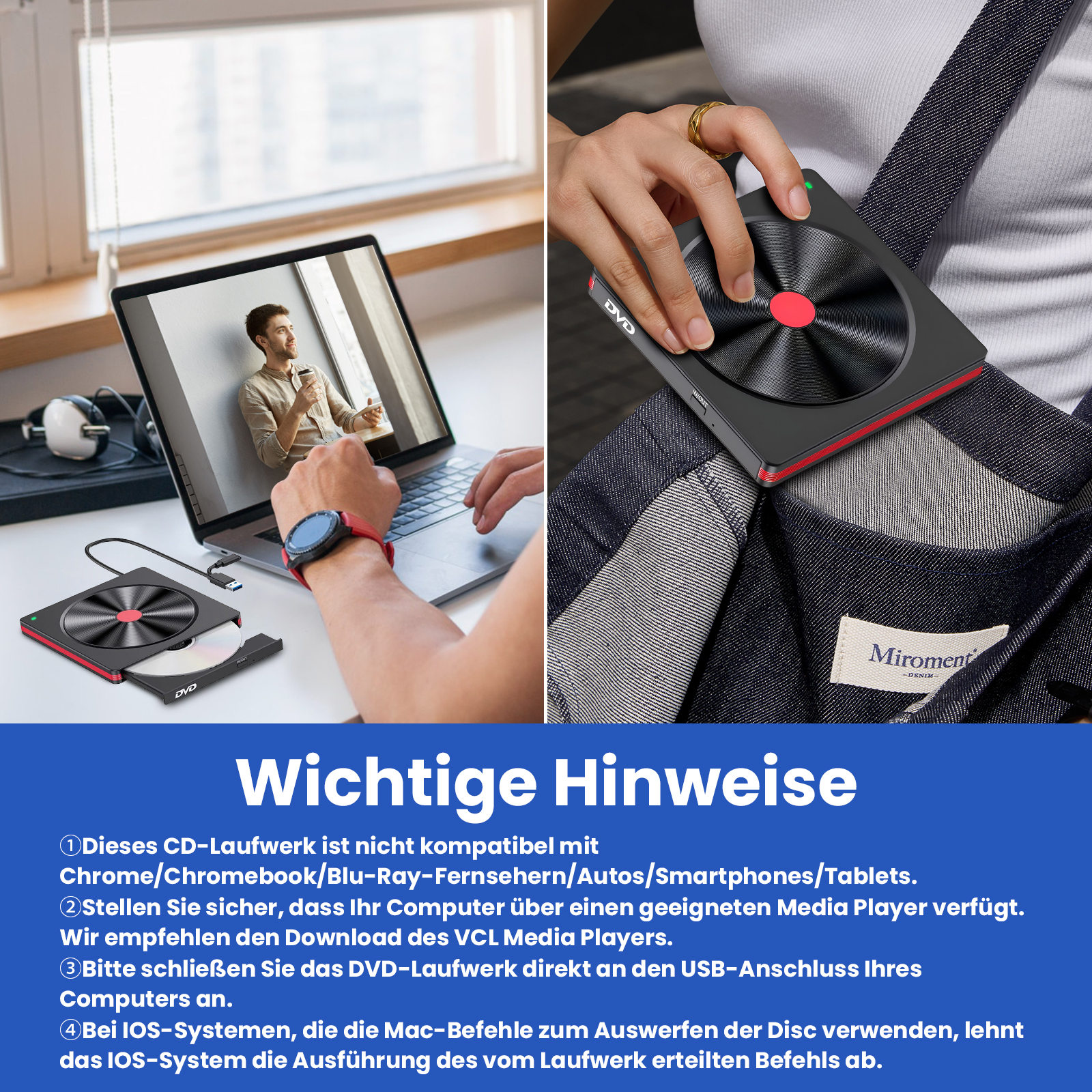Das Bild zeigt einen Laptop mit Videoanruf, ein DVD-Laufwerk und eine Hand, die ein DVD-Laufwerk hält.