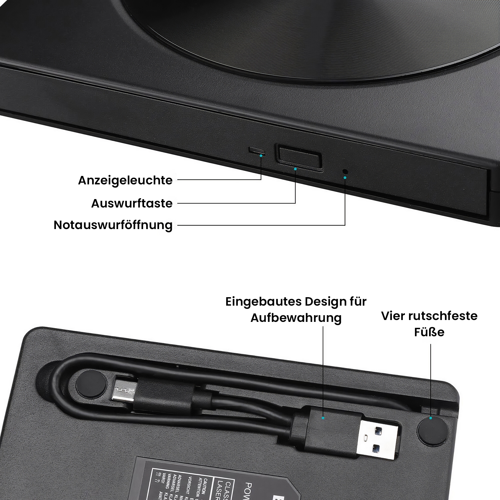 Ein schwarzes Gerät mit deutschen Beschriftungen, einem Kabel und vier rutschfesten Füßen.