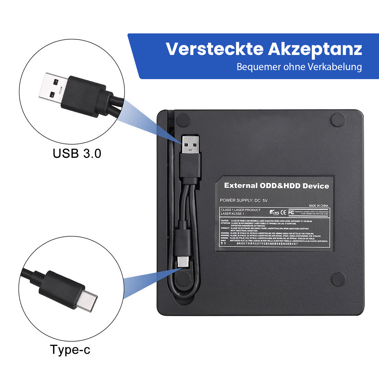 Schwarzes externes ODD & HDD-Gerät mit USB 3.0 und Type-C-Kabeln, blauem Etikett und Text.