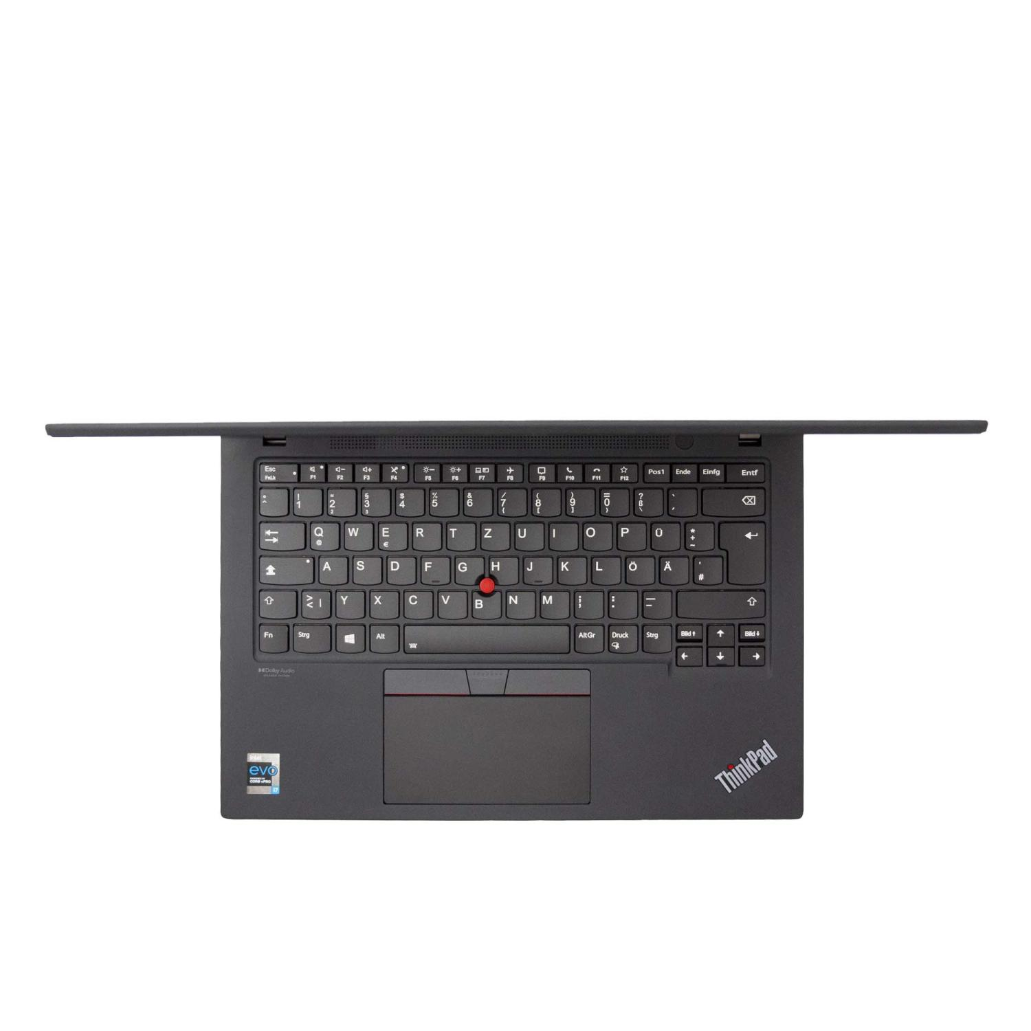 Draufsicht auf einen schwarzen ThinkPad-Laptop. Die Tastatur ist sichtbar, mit Tasten und einem Touchpad. Der Bildschirm ist geöffnet.
