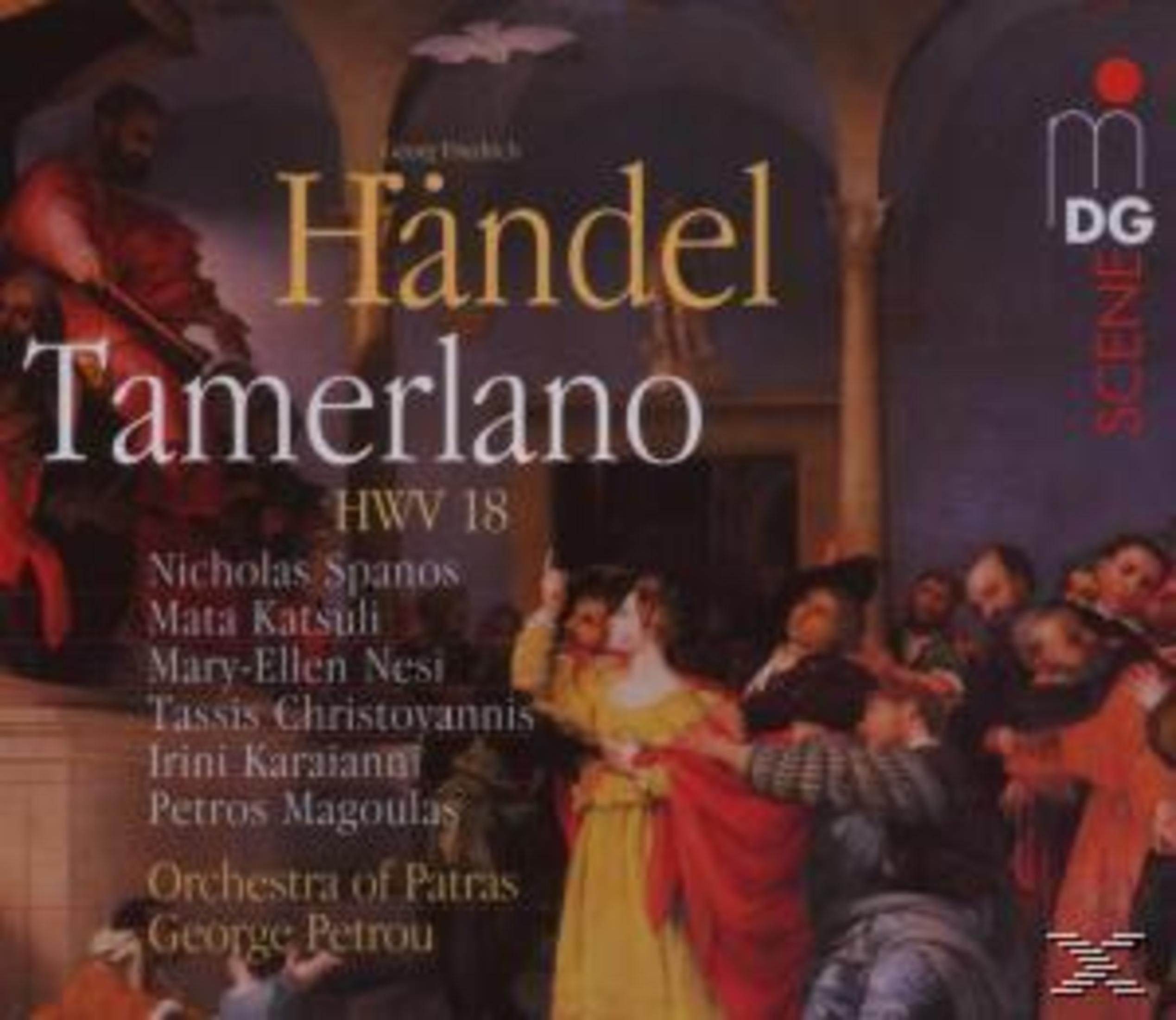 Albumcover: Händel Tamerlano, eine Aufführungsszene mit Musikern und Sängern, Text in Gold.