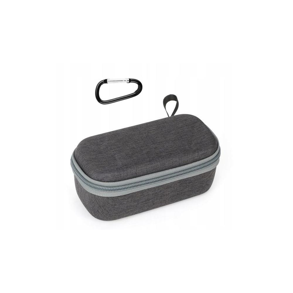 Szara zapinana na zamek torba z czarnym karabińczykiem i małą pętlą. Białe tło.