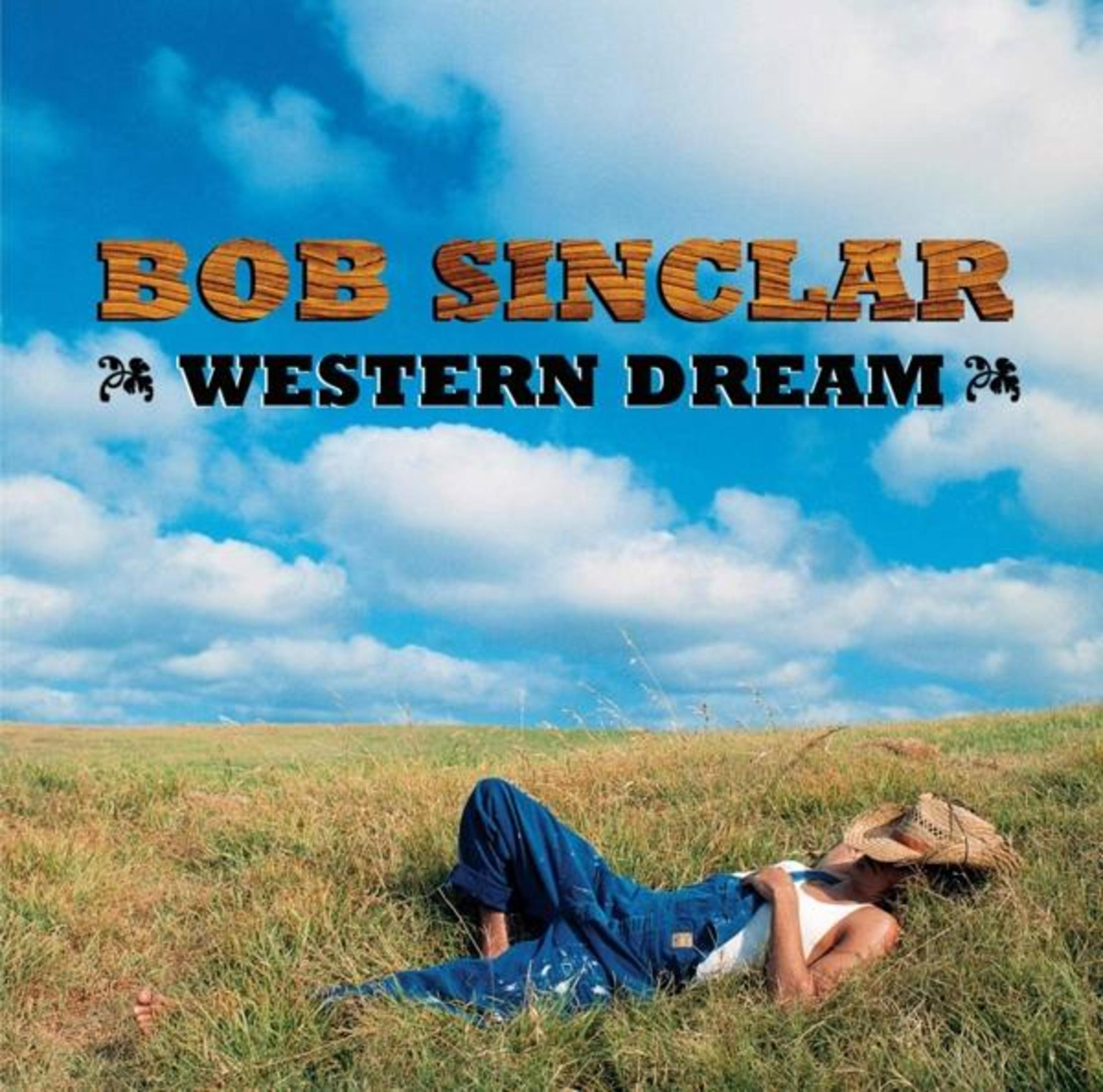 Copertina dell'album: Bob Sinclar, Western Dream. Una persona in tuta blu e cappello di paglia giace in un campo erboso.