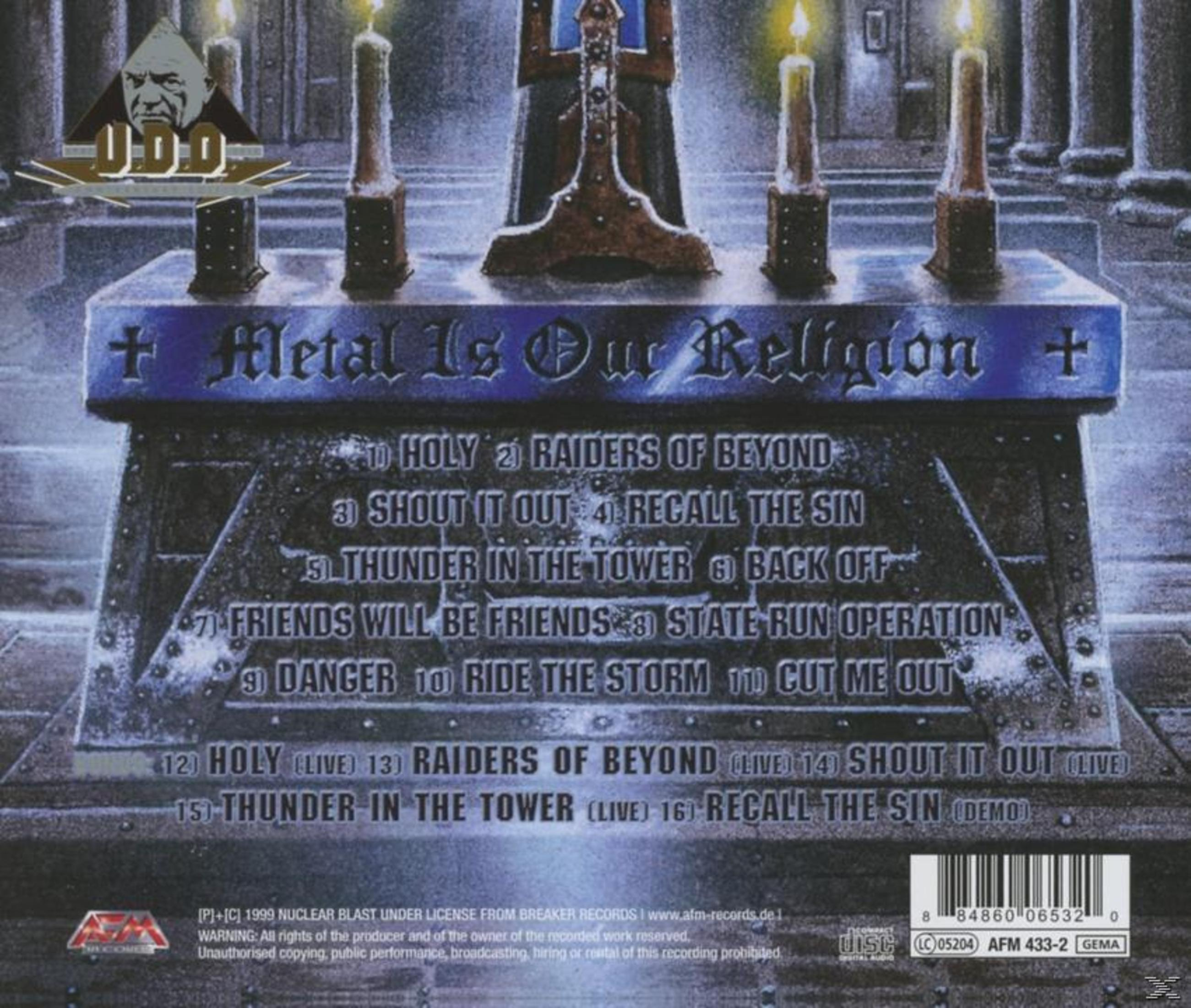 Albumcover mit Text 'Metal Is Our Religion'. Enthält ein Logo, Kerzen und Trackliste. Der Hintergrund ist dunkel und detailliert.
