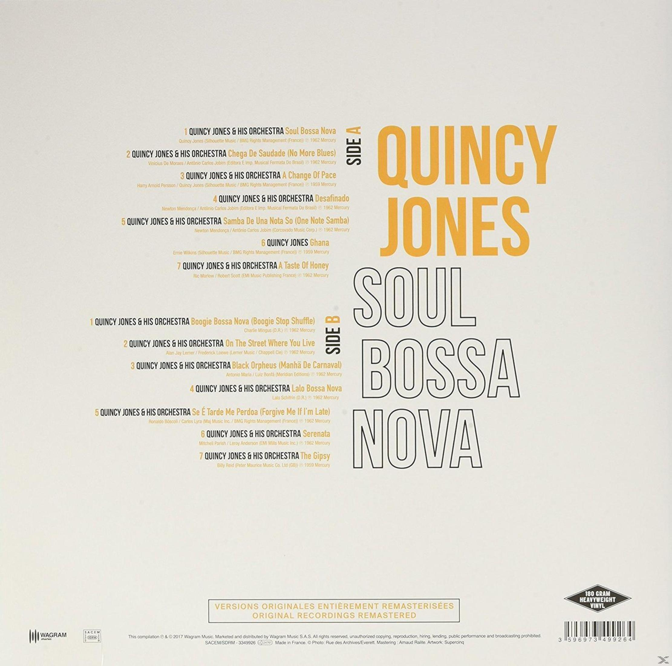 Albumcover: 'Quincy Jones Soul Bossa Nova'. Enthält Titelliste und Seite A/B. Text in Gelb und Schwarz auf weißem Hintergrund.