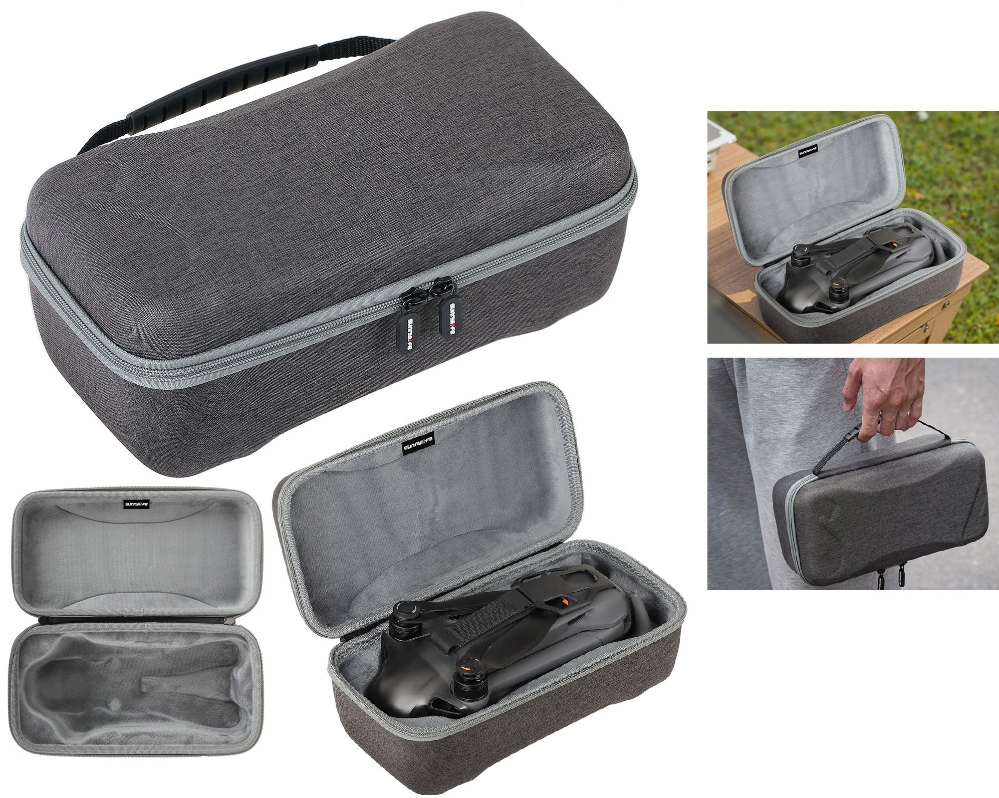 Szara walizka na drona z uchwytem i zamkiem błyskawicznym, pokazana zamknięta i otwarta z dronem w środku. Pokazano różne widoki.