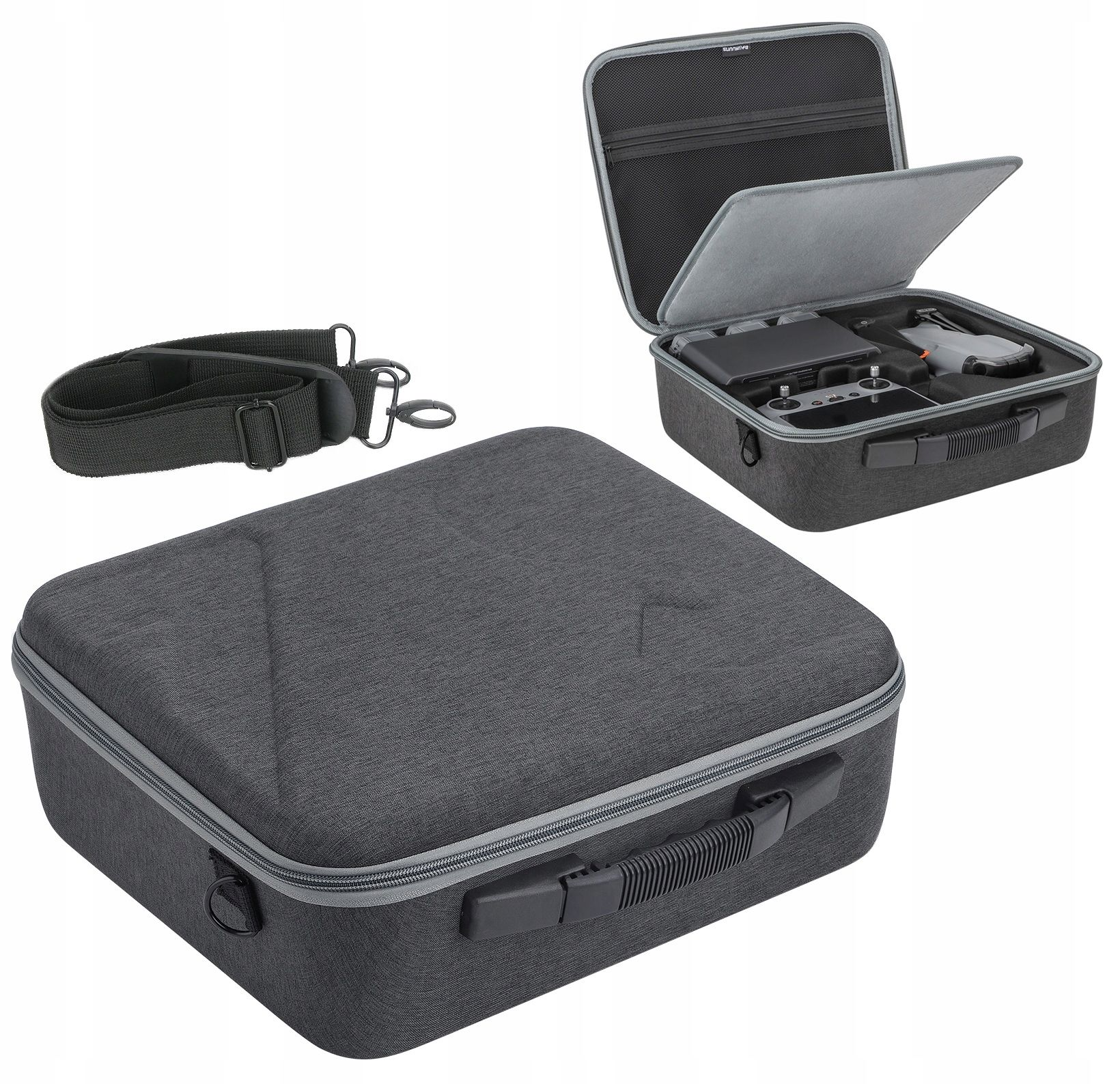 Trzy szare walizki na drony, pasek na ramię i otwarta walizka z dronem w środku, wszystko na białym tle.