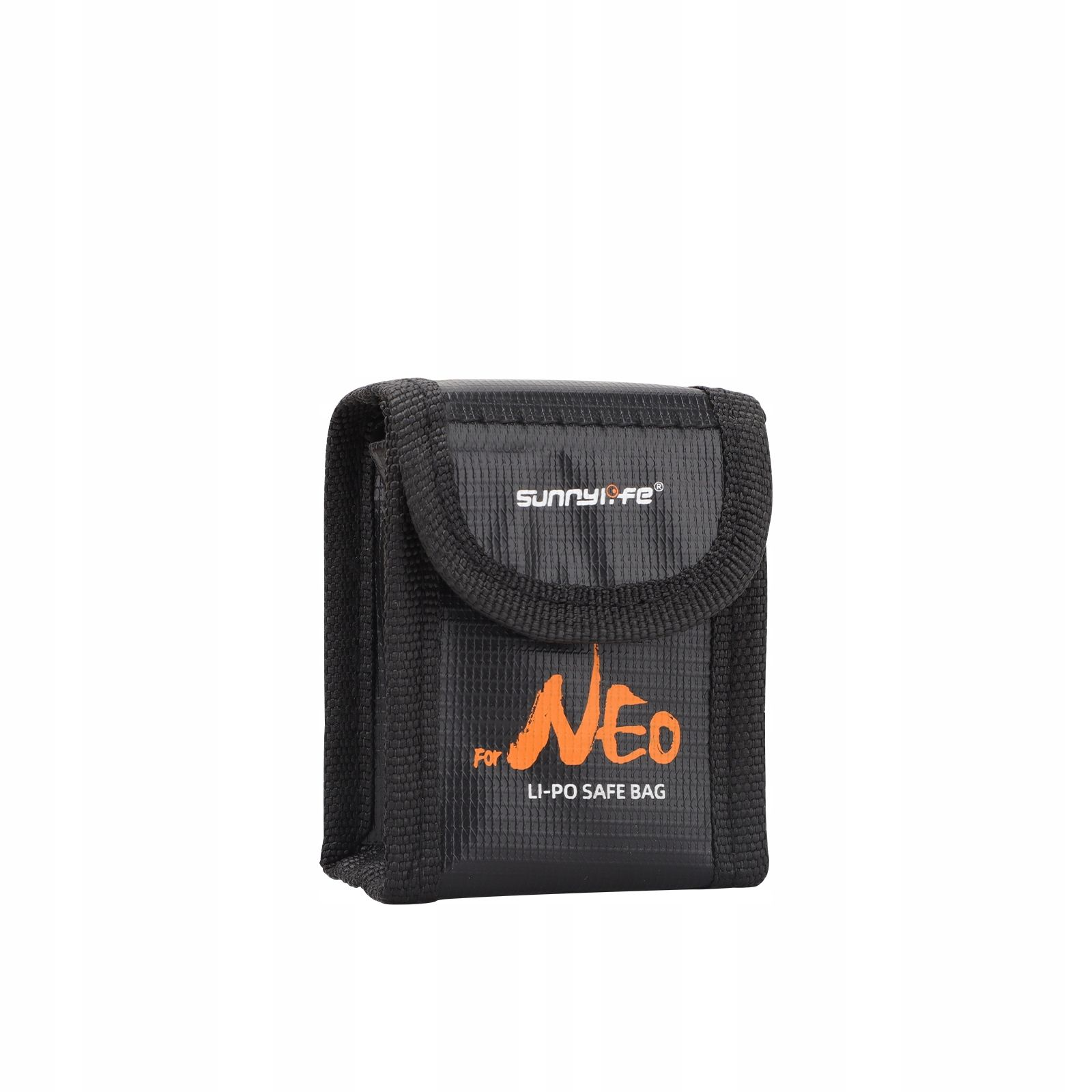 Czarna torba z pomarańczowym tekstem "Neo" i "LI-PO SAFE BAG", nazwa marki "Sunnylife".