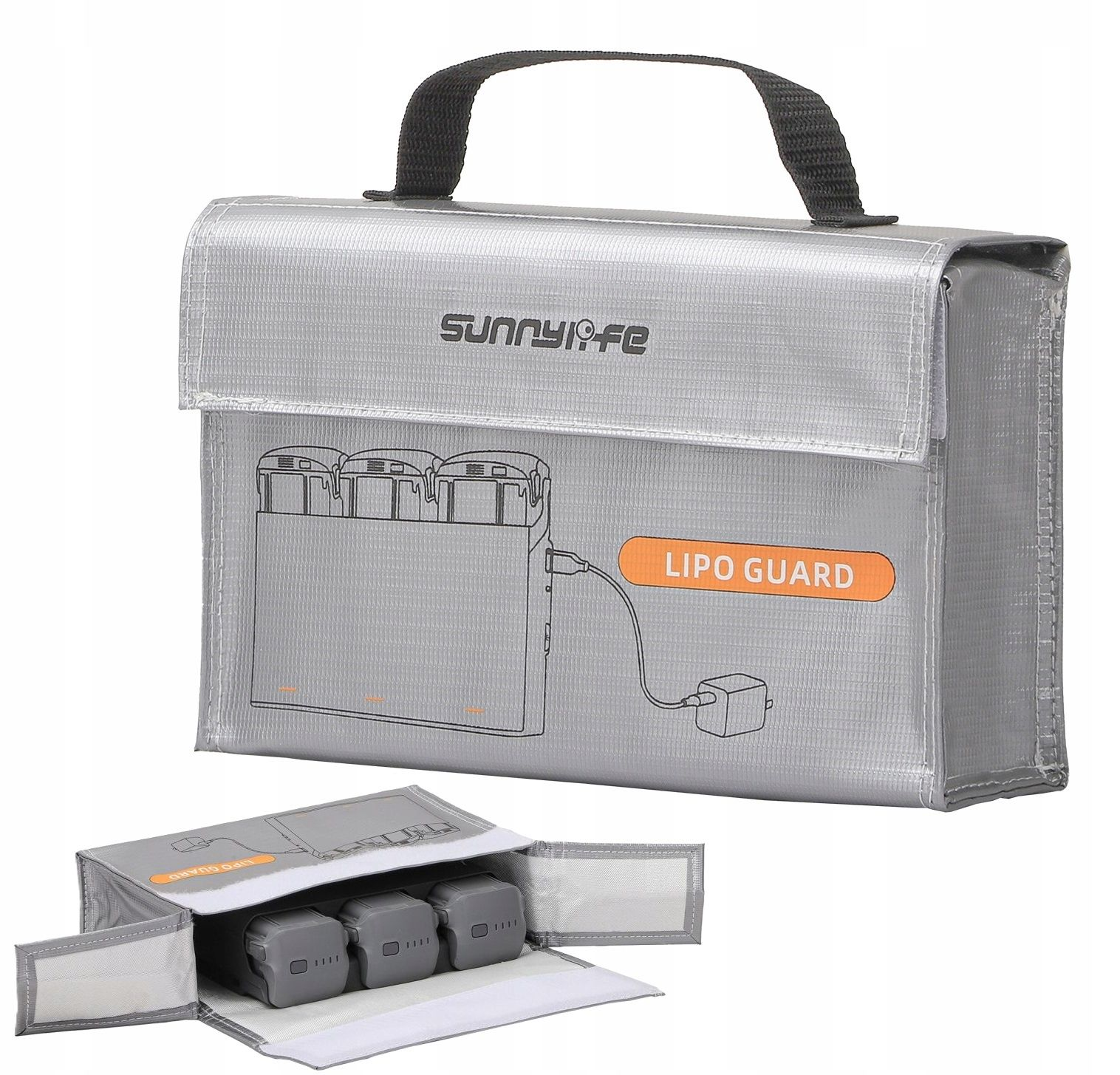Szara torba LIPO Guard z czarnym uchwytem, pokazująca schemat baterii i otwartą torbę z bateriami w środku.