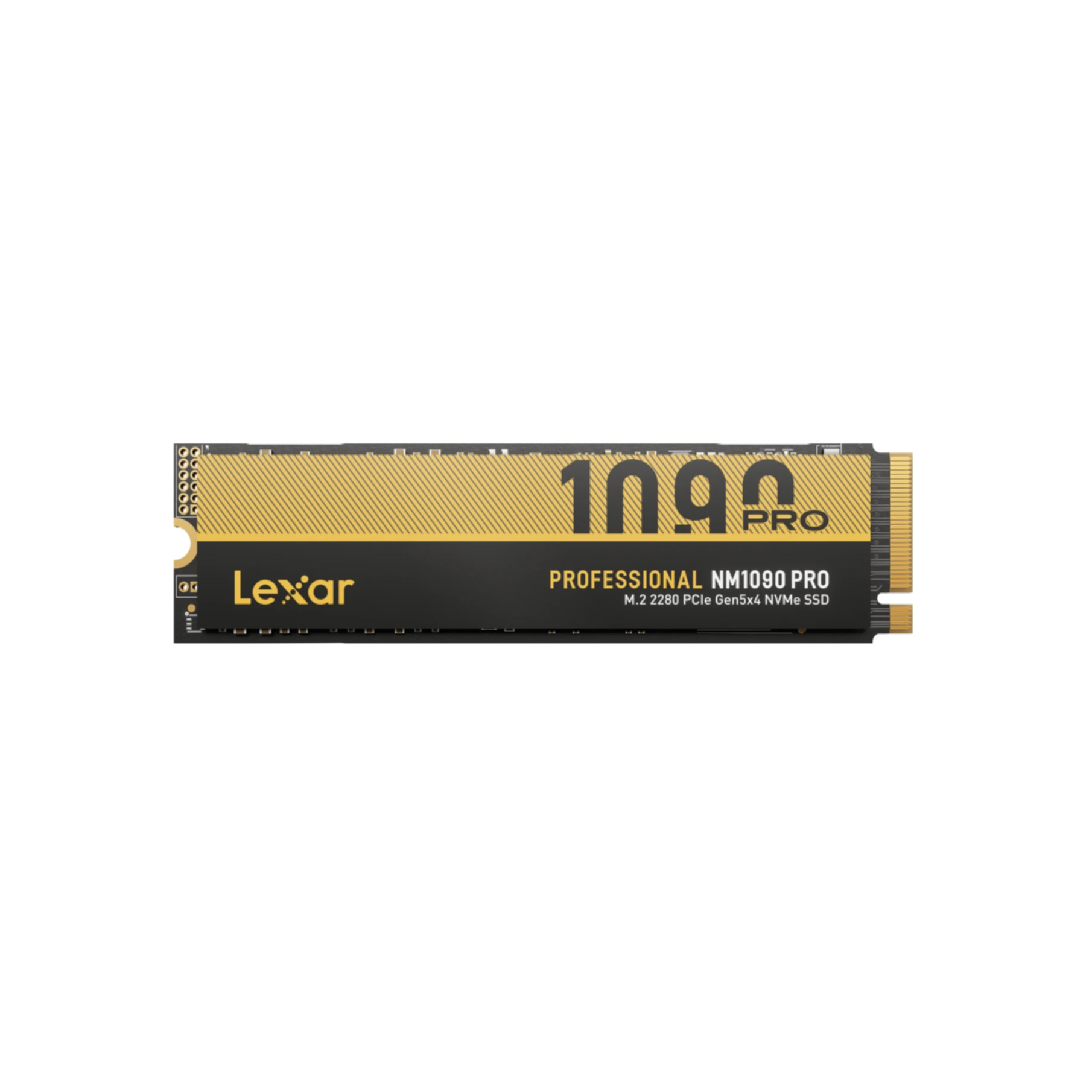 Dysk SSD Lexar NM1090 PRO. Czarny i złoty. Tekst: PROFESSIONAL NM1090 PRO M.2 2280 PCIe Gen5x4 NVMe SSD i 1090 PRO.
