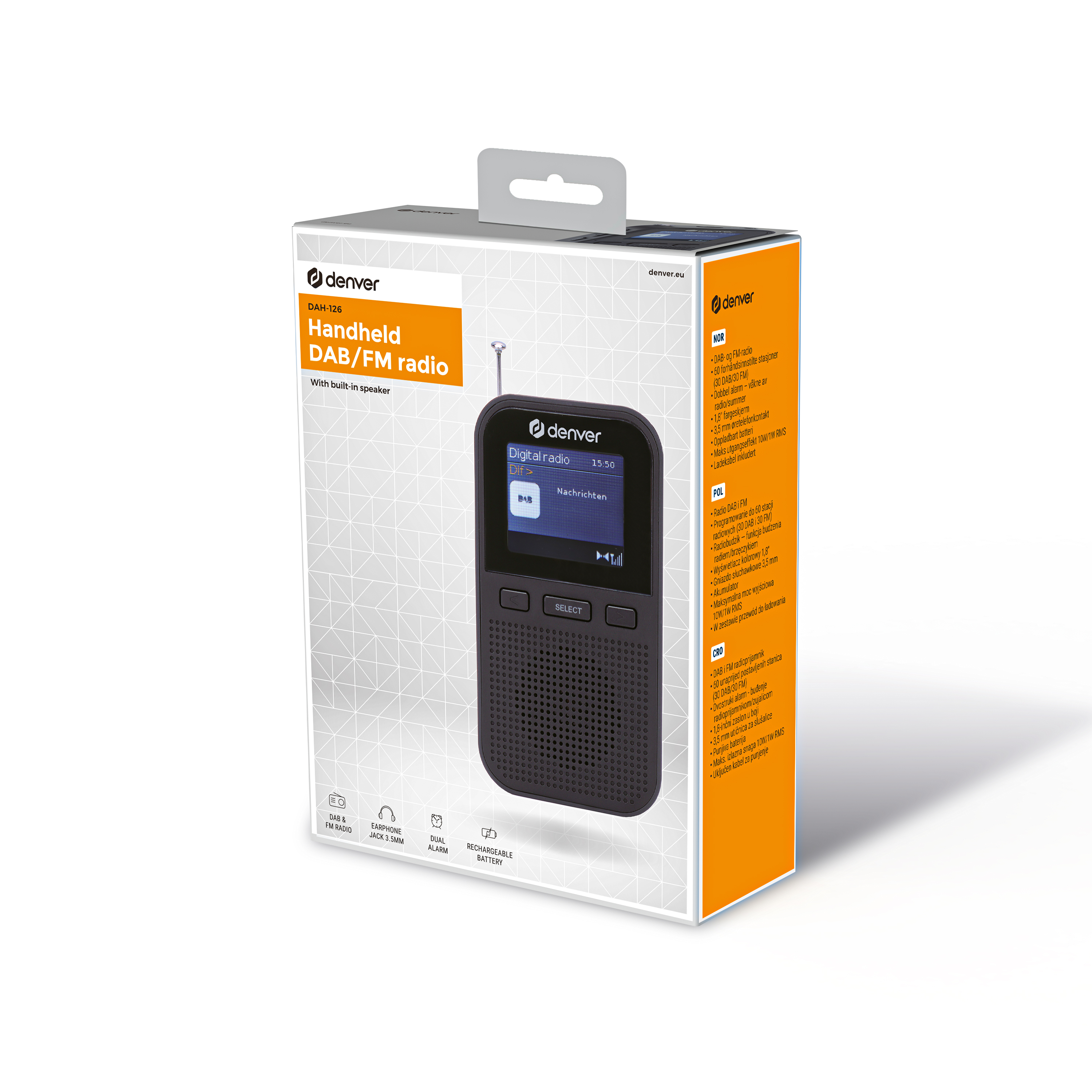 Zapakowane, czarne radio Denver DAB/FM. Pudełko jest biało-pomarańczowe. Radio ma ekran i przyciski.