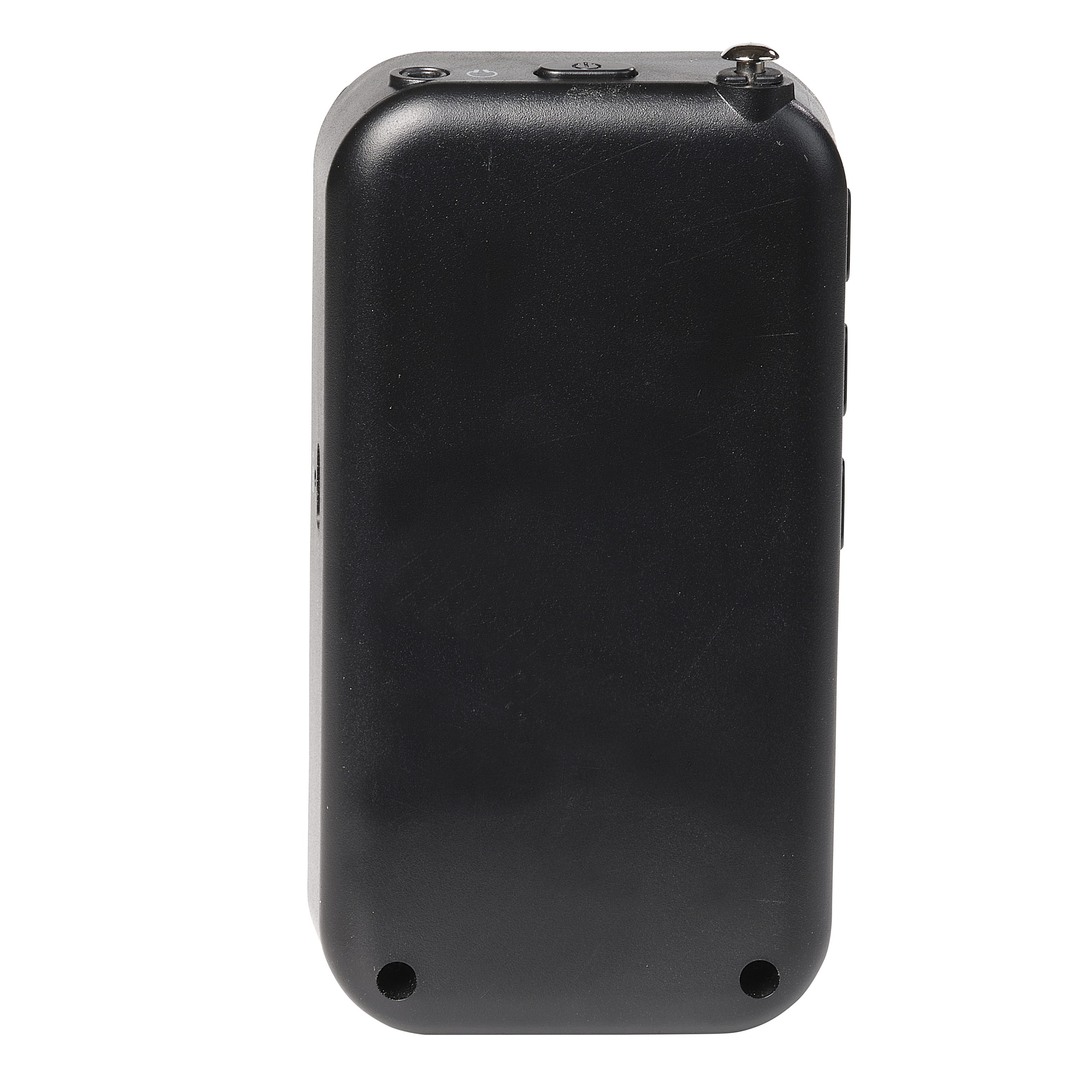 Czarne, prostokątne urządzenie z przyciskami i srebrną górą. Jest odizolowane na białym tle.