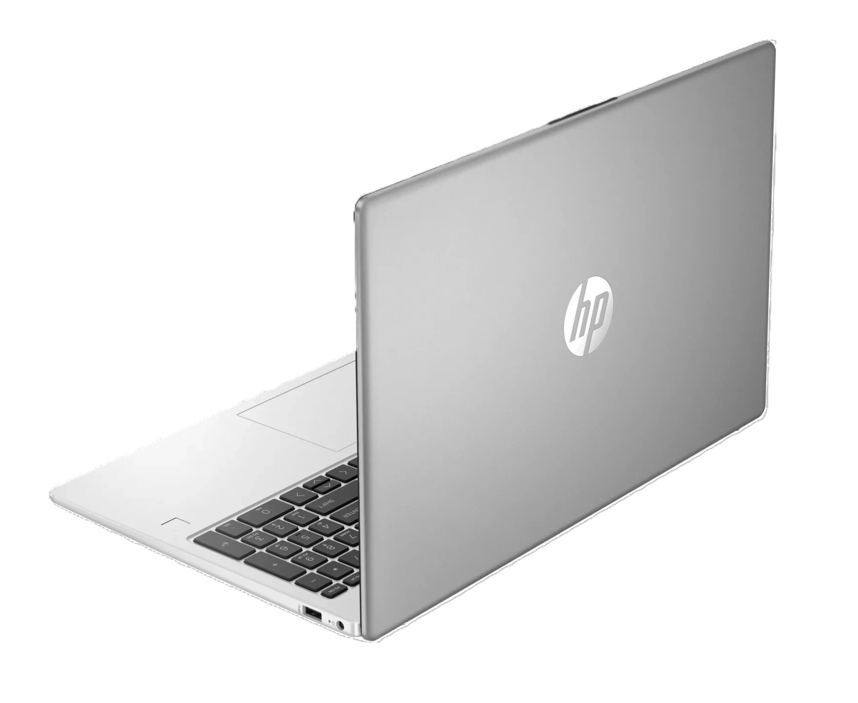 Ein silberner HP-Laptop ist geöffnet. Die Tastatur ist sichtbar, und das HP-Logo befindet sich auf der Rückseite.