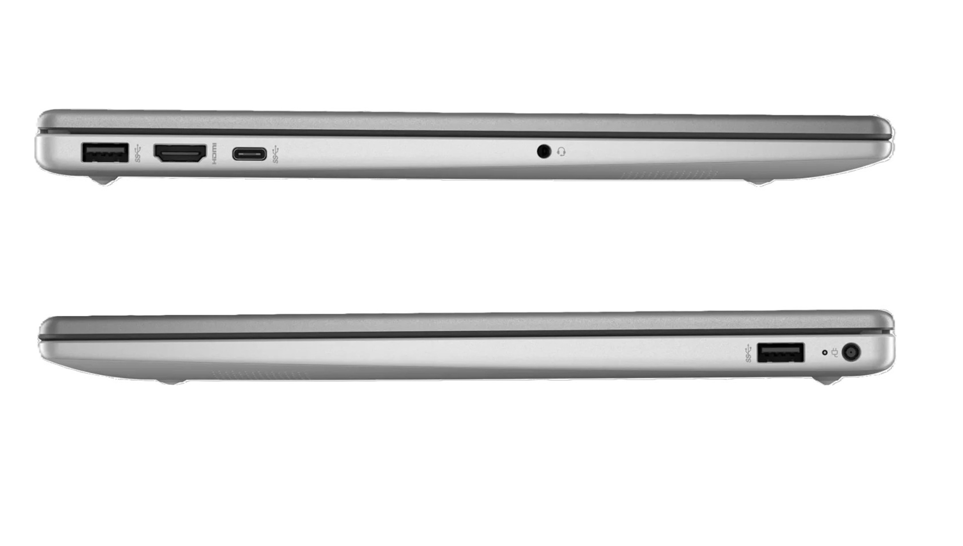 Zwei silberne Laptops sind von der Seite zu sehen, mit sichtbaren Anschlüssen. Einer hat USB-, HDMI- und Stromanschlüsse. Der andere hat USB- und Audioanschlüsse.