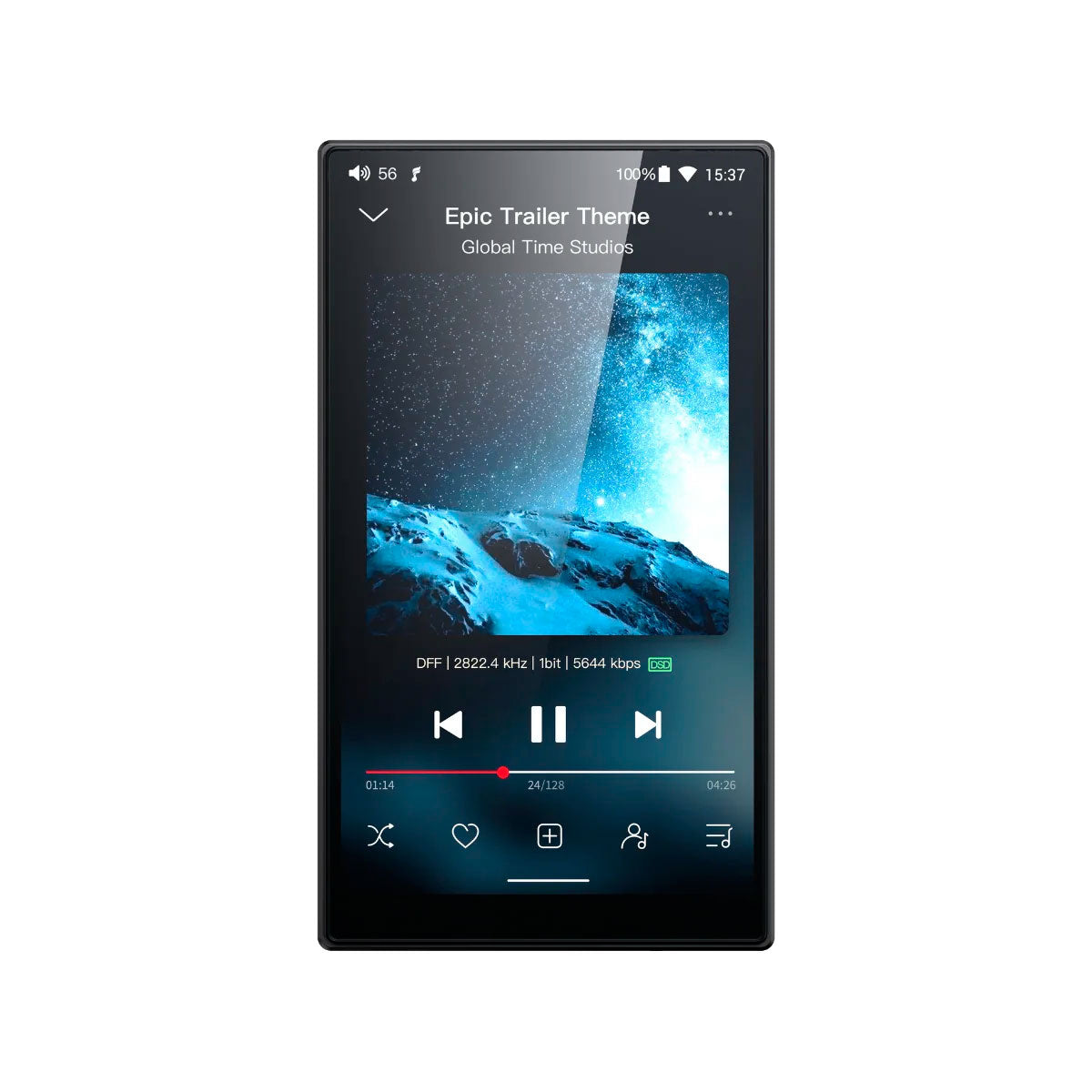 Un smartphone muestra una interfaz de reproductor de música. La pantalla muestra el título de la canción, controles y la carátula de un álbum de una montaña nevada.