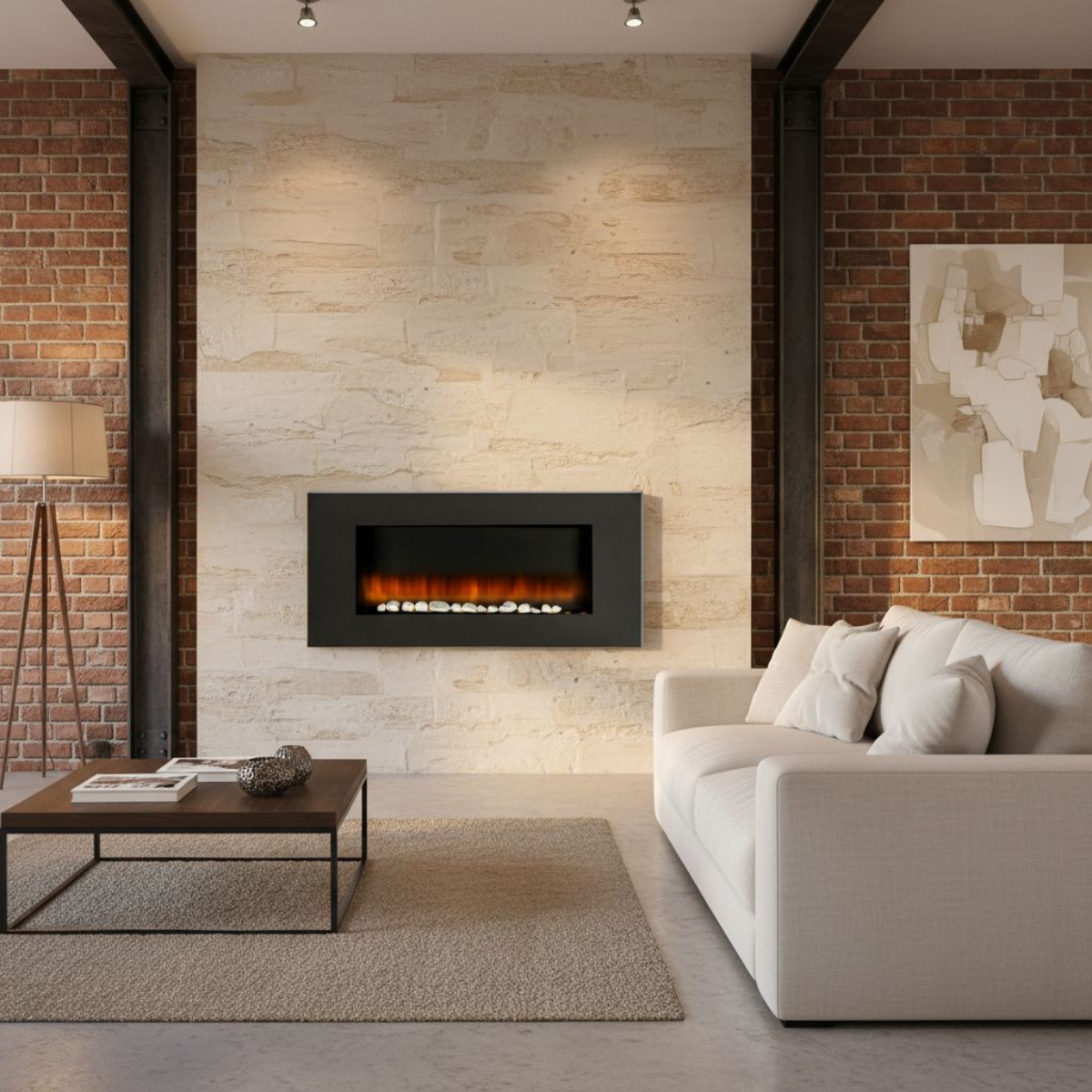 Ein modernes Wohnzimmer mit Kamin, weißem Sofa, Couchtisch, Teppich sowie Ziegel- und Steinwänden. Der Kamin ist an.