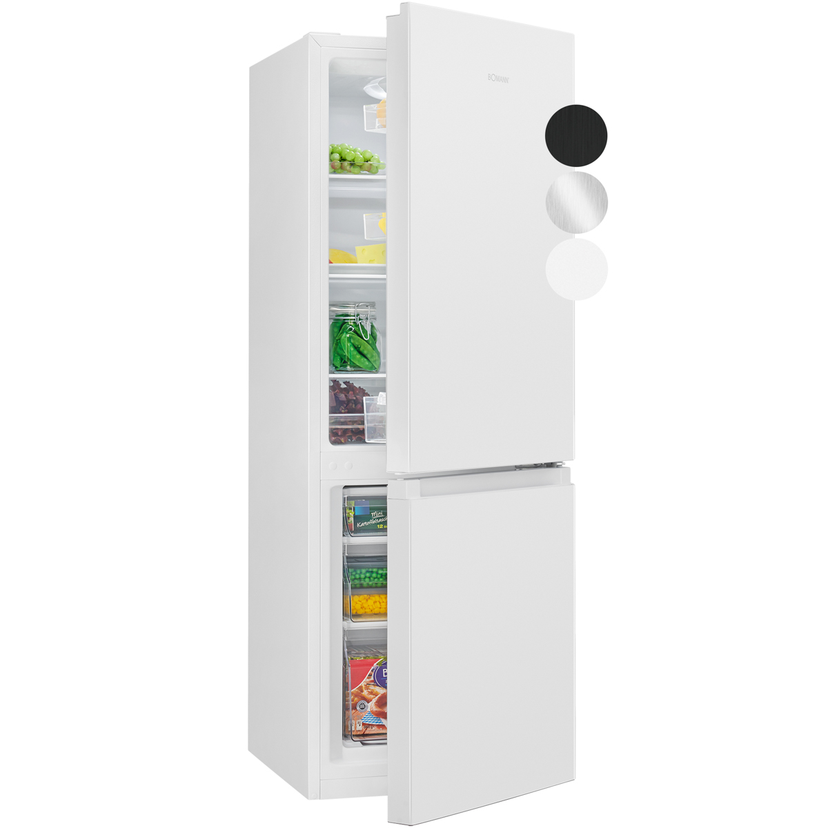 Biała lodówka z otwartymi drzwiami, odsłaniająca półki z jedzeniem. Po prawej stronie znajduje się wybór kolorów: czarny, srebrny i biały.