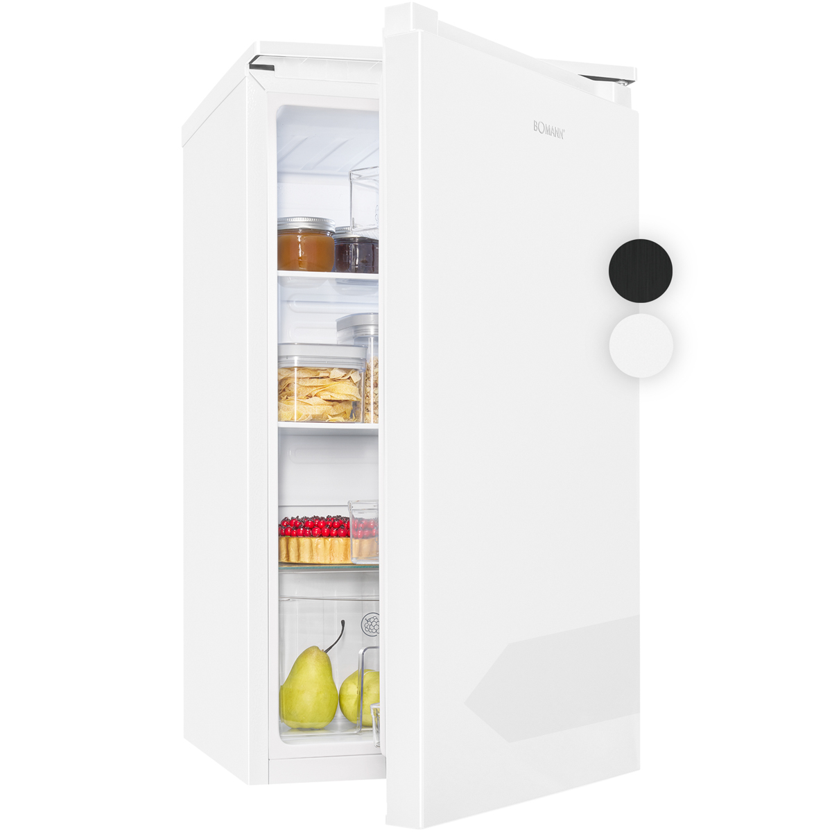 Weißer Kühlschrank mit offener Tür, zeigt Regale mit Gläsern, Essen und Birnen. Schwarze und weiße Kreise sind an der Seite.