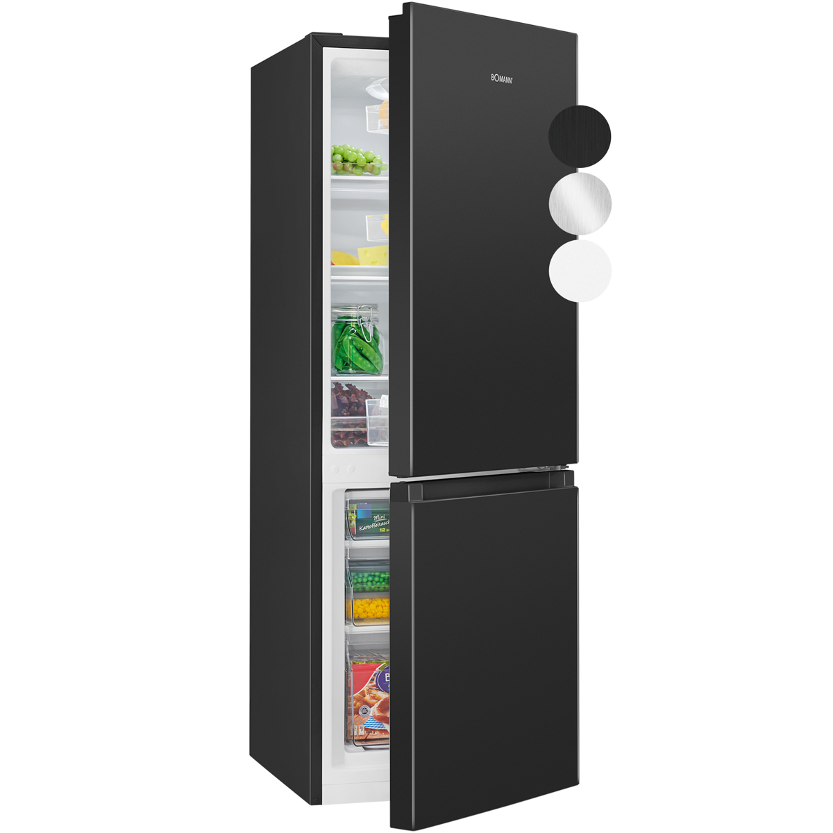 Czarna lodówka z otwartymi drzwiami, pokazująca wnętrze z jedzeniem. Trzy próbki kolorów: czarny, srebrny i biały.